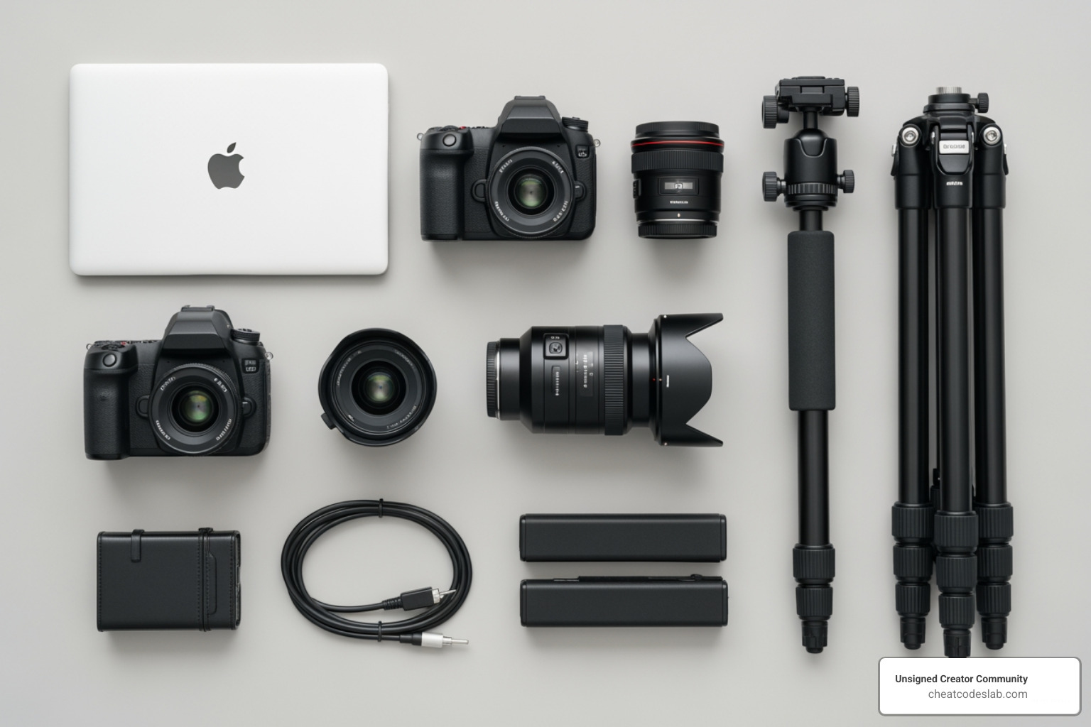 Flat lay of essential interior photography gear including a full-frame camera, wide-angle lens, tilt-shift lens, sturdy tripod, tethering cable, and laptop - Interior design photography