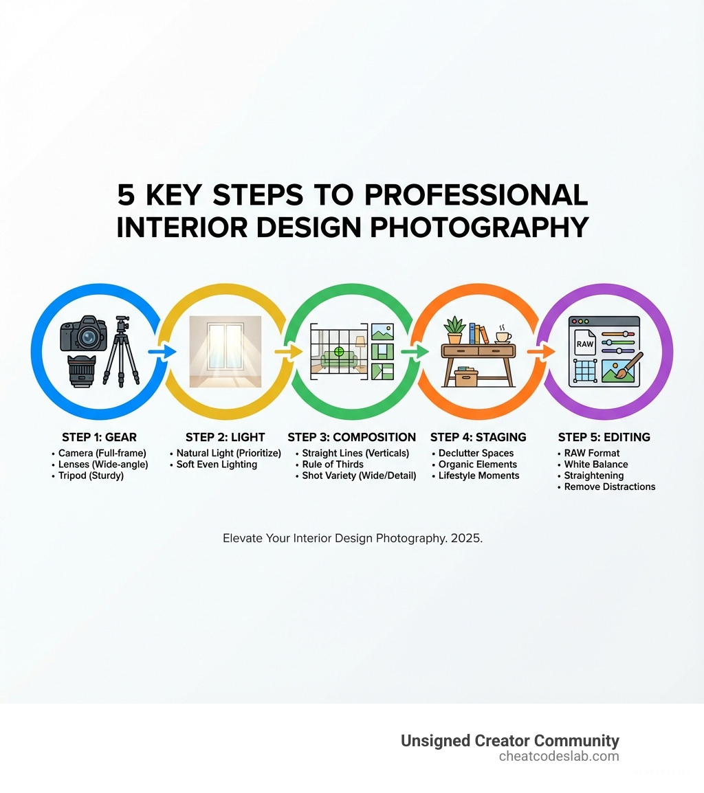 Infographic showing 5 key steps to professional interior design photography: Step 1 - Gear (camera, lenses, tripod), Step 2 - Light (natural light, soft even lighting), Step 3 - Composition (straight lines, rule of thirds, shot variety), Step 4 - Staging (declutter, organic elements, lifestyle moments), Step 5 - Editing (RAW format, white balance, straightening, removing distractions) - Interior design photography infographic 