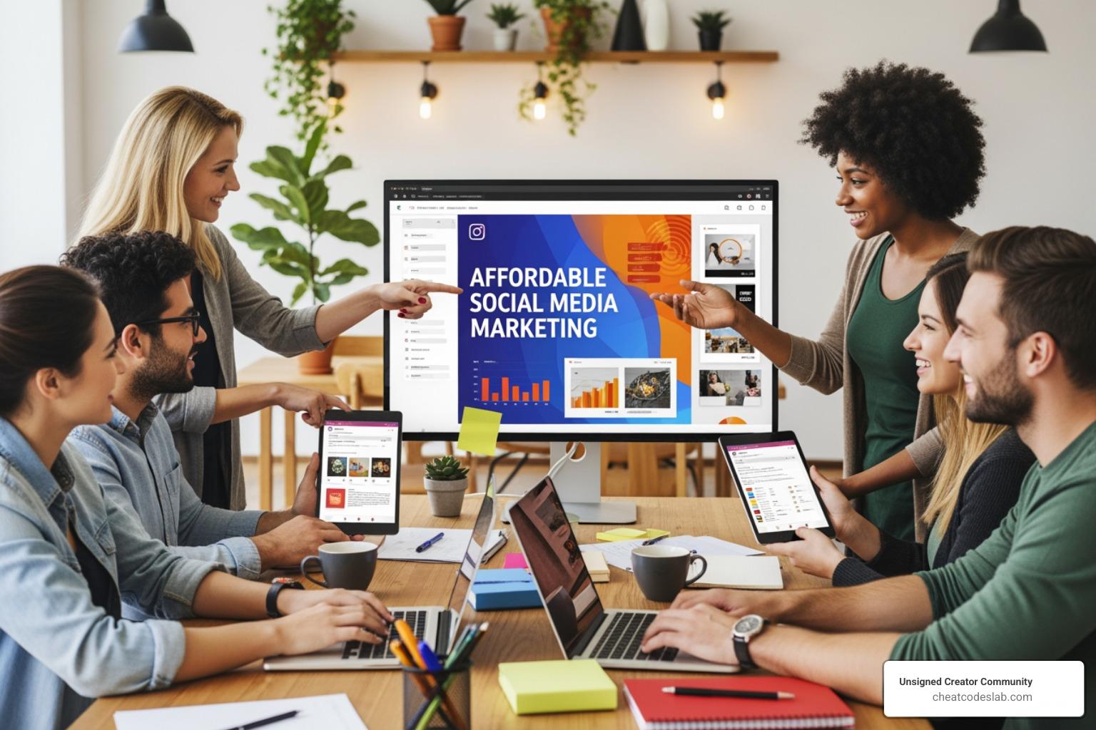 diverse creative team collaborating on a social media content calendar - affordable social media marketing agency