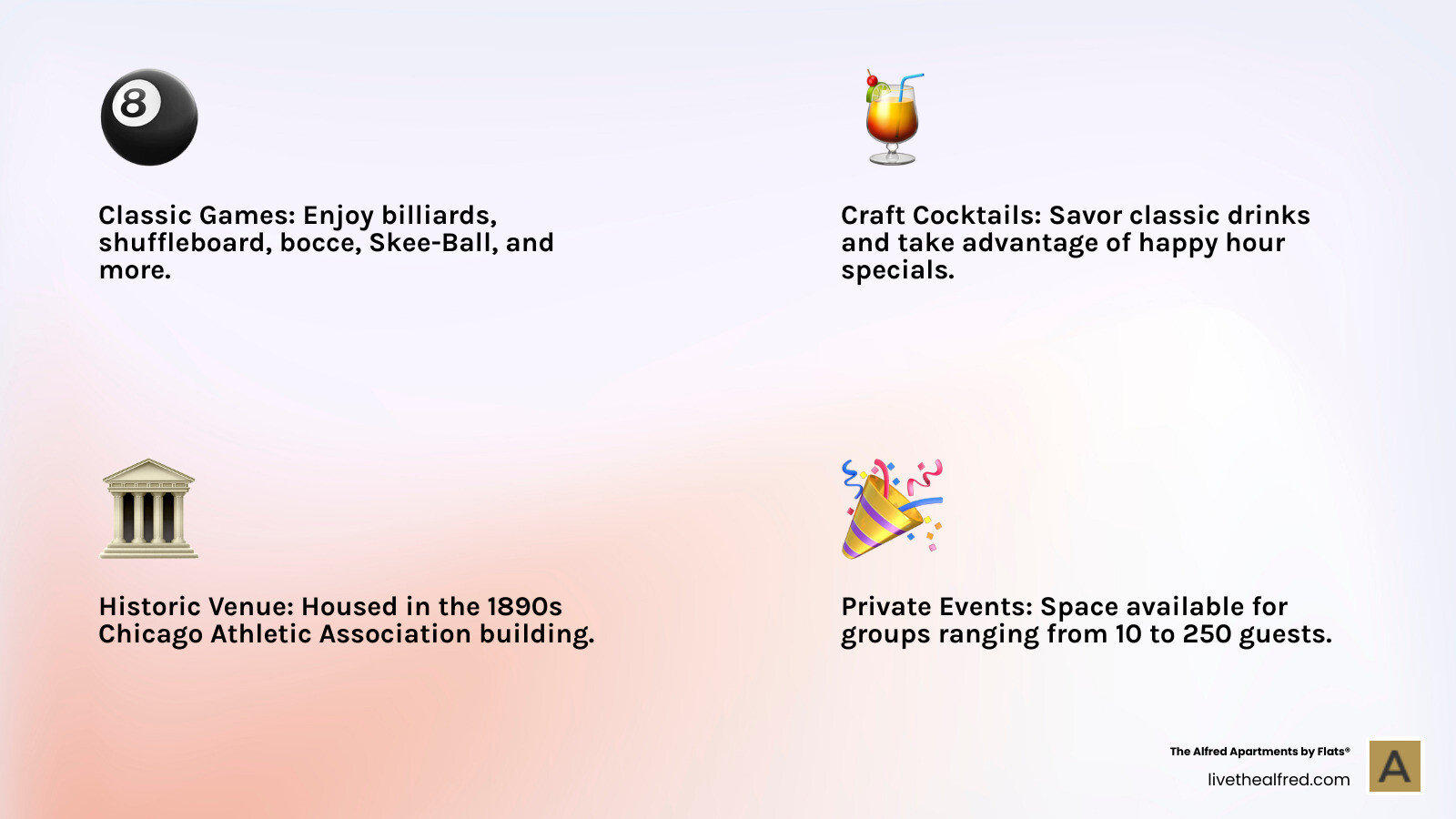 Infographic showing Game Room Chicago key features: Classic Games including billiards shuffleboard bocce and skeeball, Craft Cocktails with classic drinks, Historic Venue in 1890s Chicago Athletic Association building, and Private Events for groups of 10 to 250 guests - game room chicago infographic 4_facts_emoji_light-gradient