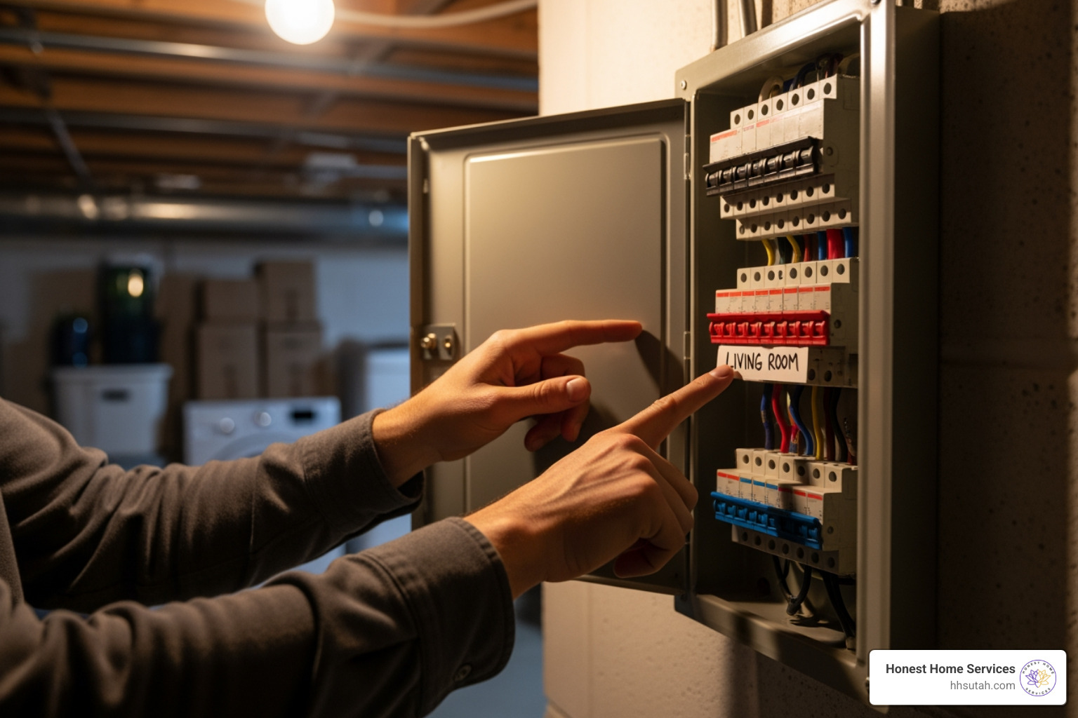 A homeowner checking a circuit breaker panel - hot water repair A homeowner checking a circuit breaker panel - hot water repair