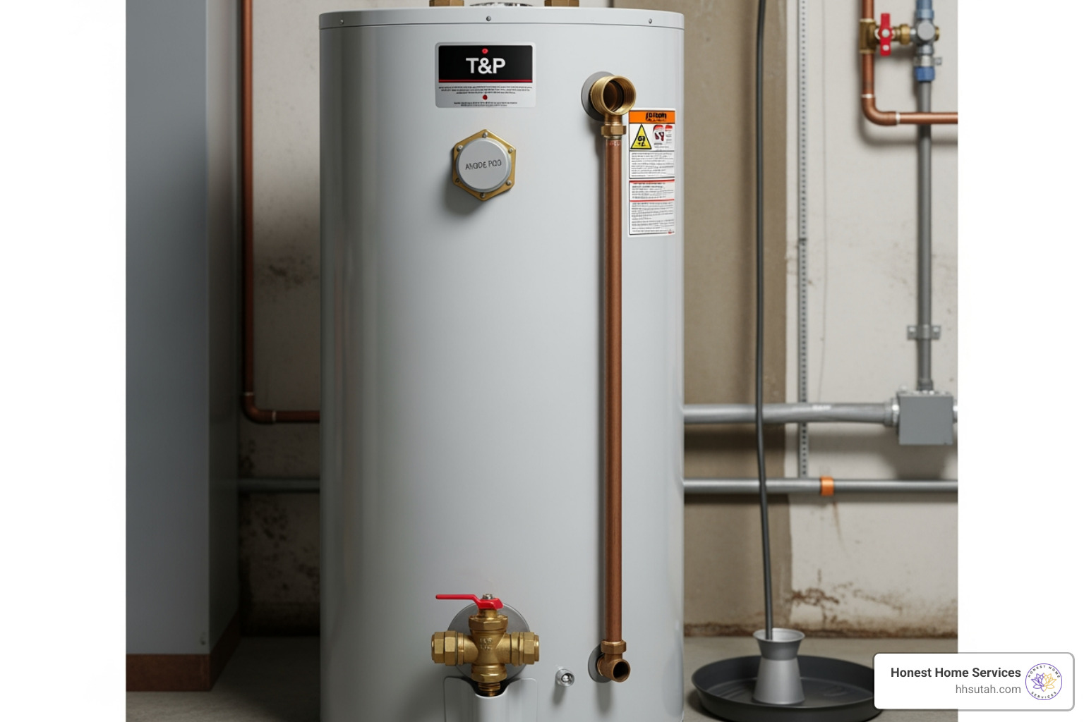 A water heater with labels pointing to key components like the T&P valve, anode rod, and drain valve - hot water repair A water heater with labels pointing to key components like the T&P valve, anode rod, and drain valve - hot water repair