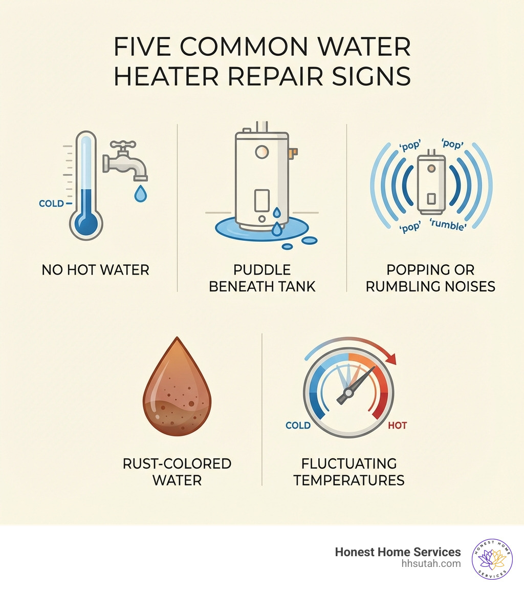 Infographic showing five common water heater repair signs: 1. No hot water with thermometer icon showing cold, 2. Puddle of water beneath tank, 3. Sound waves indicating popping or rumbling noises, 4. Rust-colored water droplet, 5. Temperature gauge fluctuating between hot and cold - hot water repair infographic Infographic showing five common water heater repair signs: 1. No hot water with thermometer icon showing cold, 2. Puddle of water beneath tank, 3. Sound waves indicating popping or rumbling noises, 4. Rust-colored water droplet, 5. Temperature gauge fluctuating between hot and cold - hot water repair infographic