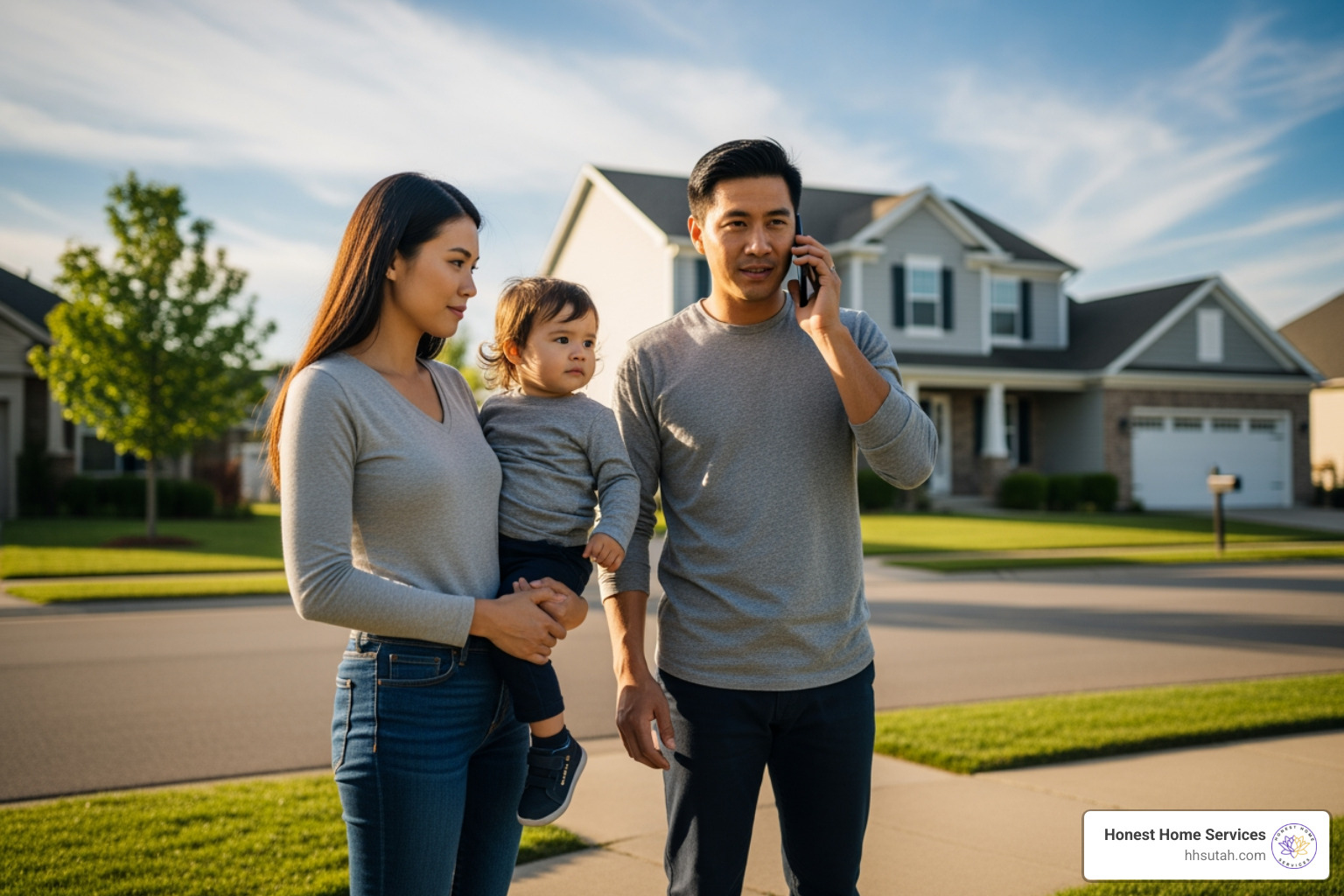 family safely outside home on phone - gas leak detection company family safely outside home on phone - gas leak detection company