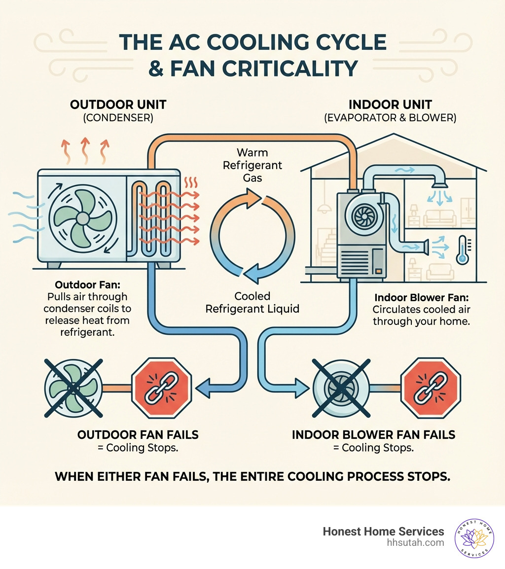 Infographic showing the AC cooling cycle: outdoor fan pulls air through condenser coils to release heat from refrigerant, while indoor blower fan circulates cooled air through your home; when either fan fails, the entire cooling process stops - AC fan repair infographic Infographic showing the AC cooling cycle: outdoor fan pulls air through condenser coils to release heat from refrigerant, while indoor blower fan circulates cooled air through your home; when either fan fails, the entire cooling process stops - AC fan repair infographic