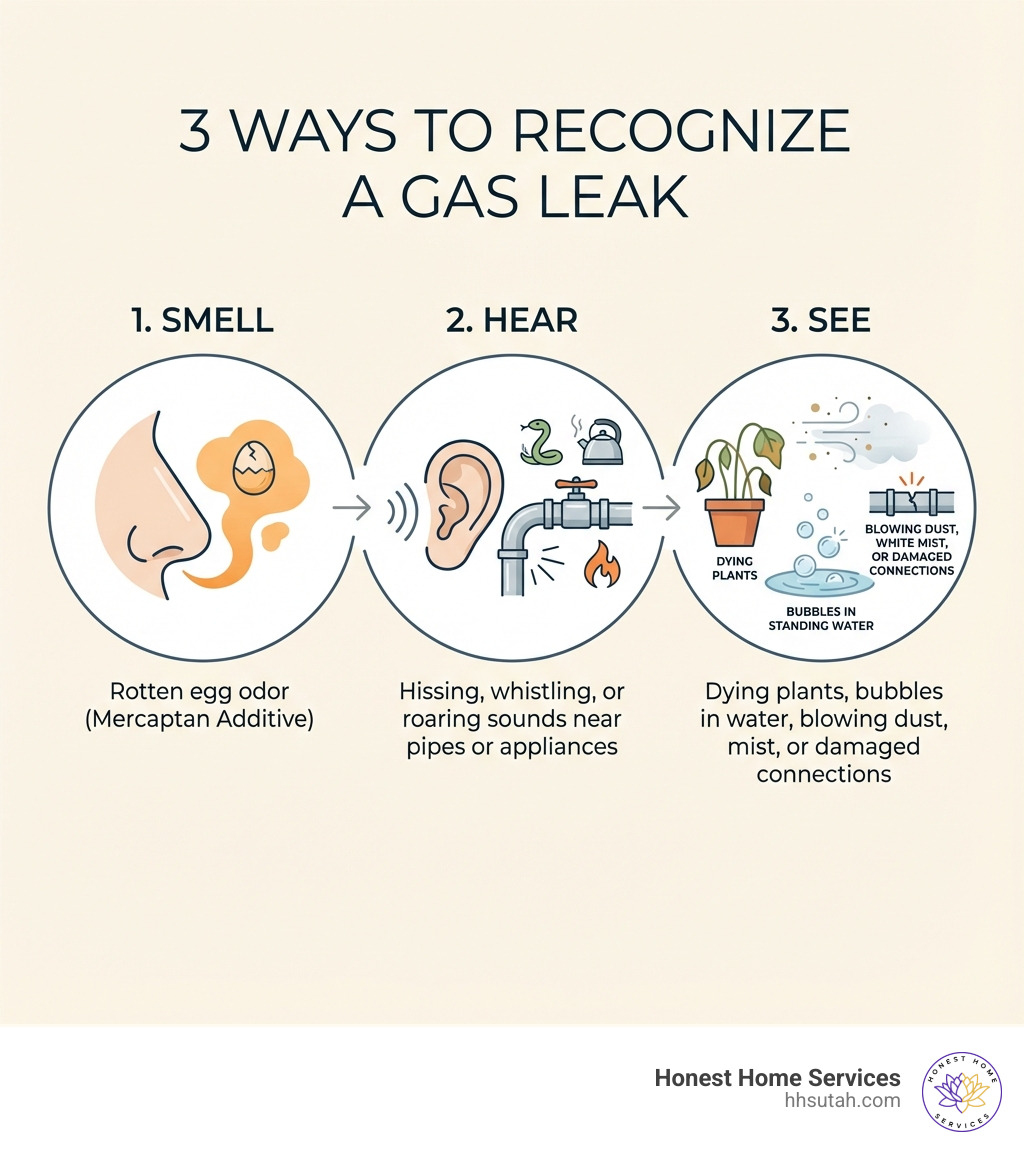 Infographic showing three ways to recognize a gas leak: SMELL (rotten egg odor from mercaptan additive), HEAR (hissing, whistling, or roaring sounds near pipes or appliances), and SEE (dying plants, bubbles in standing water, blowing dust, white mist, or damaged connections) - gas leak detection company infographic Infographic showing three ways to recognize a gas leak: SMELL (rotten egg odor from mercaptan additive), HEAR (hissing, whistling, or roaring sounds near pipes or appliances), and SEE (dying plants, bubbles in standing water, blowing dust, white mist, or damaged connections) - gas leak detection company infographic