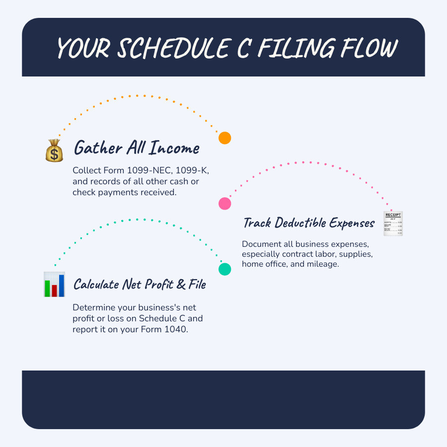 Infographic showing the complete Schedule C filing process: Starting with receiving Form 1099-NEC to calculating net profit on Schedule C - contract labor schedule c infographic infographic-line-3-steps-blues-accent_colors