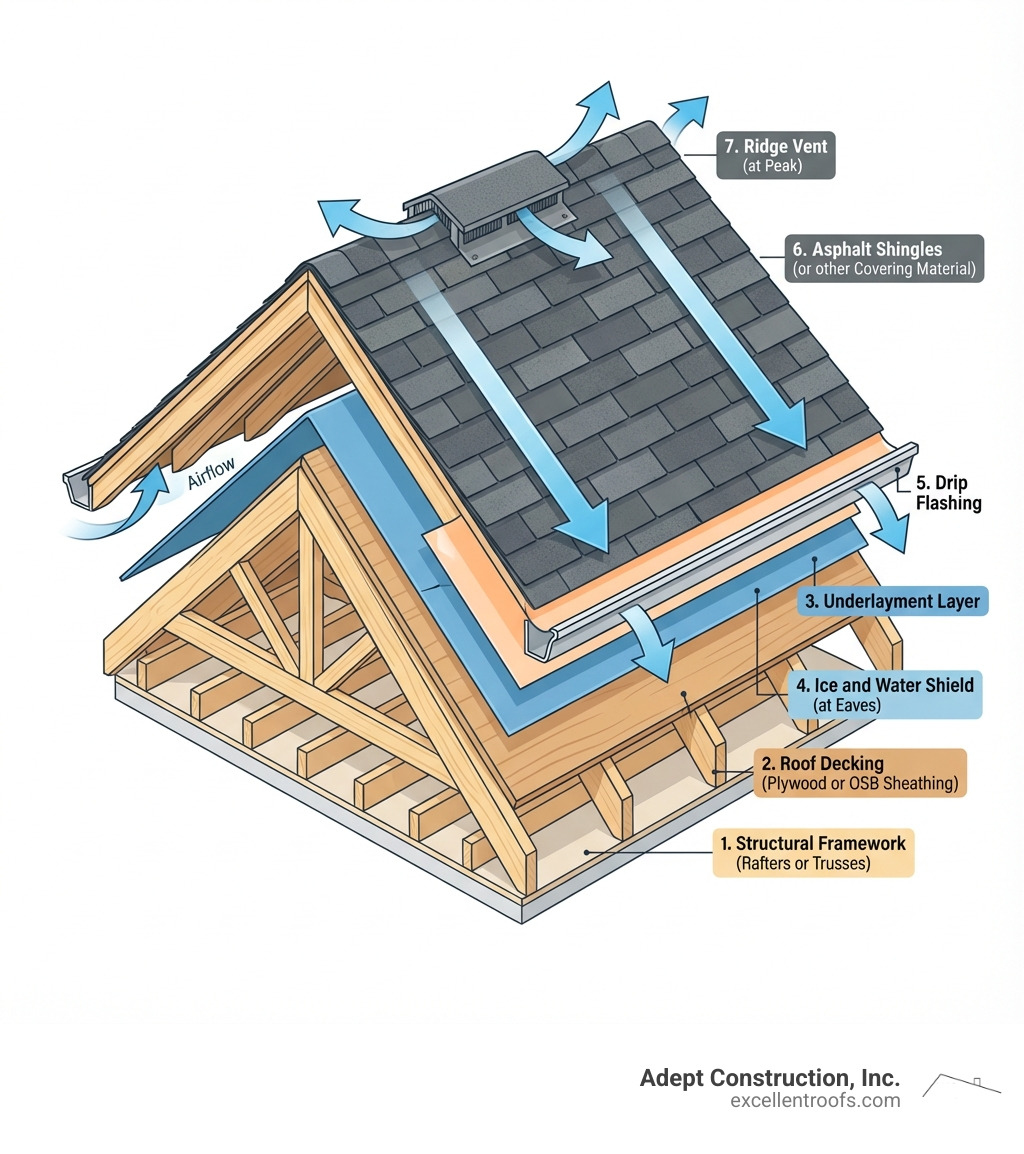 Detailed infographic showing the complete layers of a residential roof system from bottom to top: ceiling joists and rafters or trusses forming the structural frame, plywood or OSB sheathing deck, underlayment layer, ice and water shield at eaves, drip edge flashing, asphalt shingles or other covering material, ridge vent at peak, with labels for each component and arrows showing water flow direction - residential roof construction infographic 