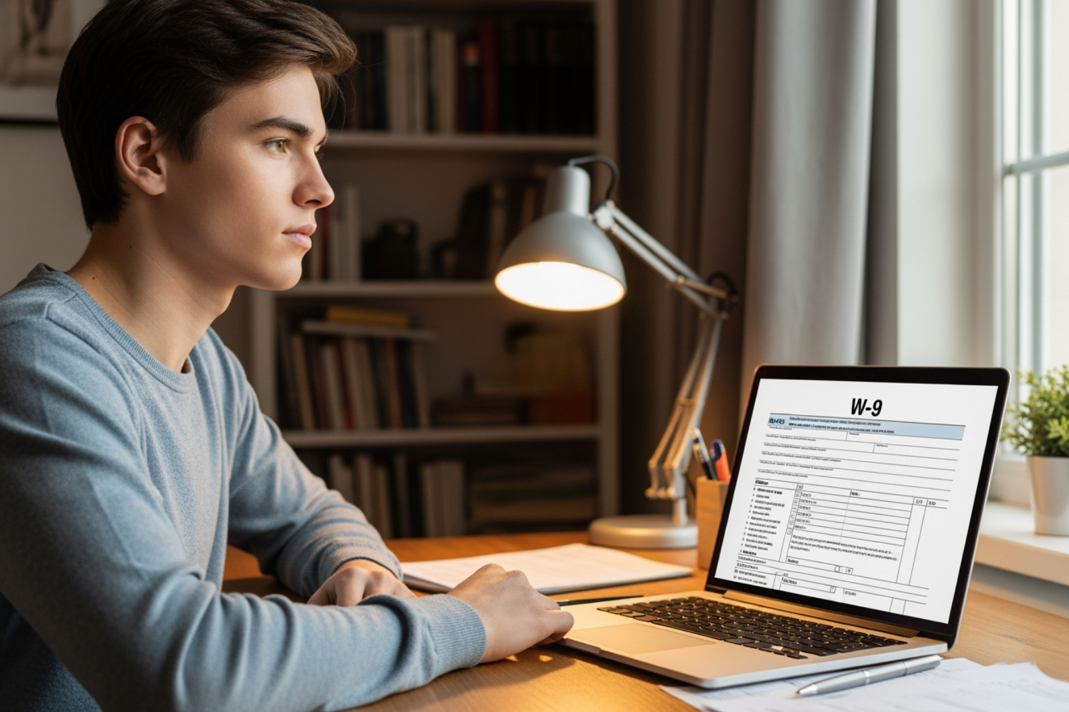 student looking thoughtfully at a tax form on a laptop - how to fill out a w9 as a student student looking thoughtfully at a tax form on a laptop - how to fill out a w9 as a student
