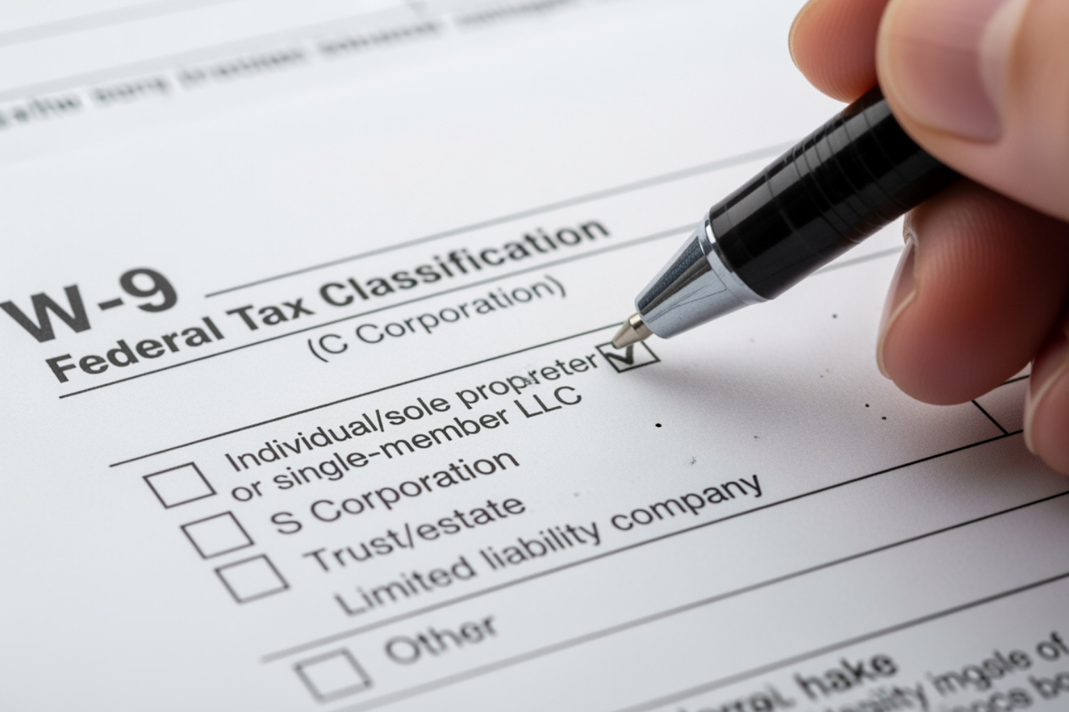 Imagen de primer plano de la Línea 3 del formulario W-9, que muestra las casillas de verificación para diferentes clasificaciones de impuestos federales. - cómo completar un W-9 para trabajar