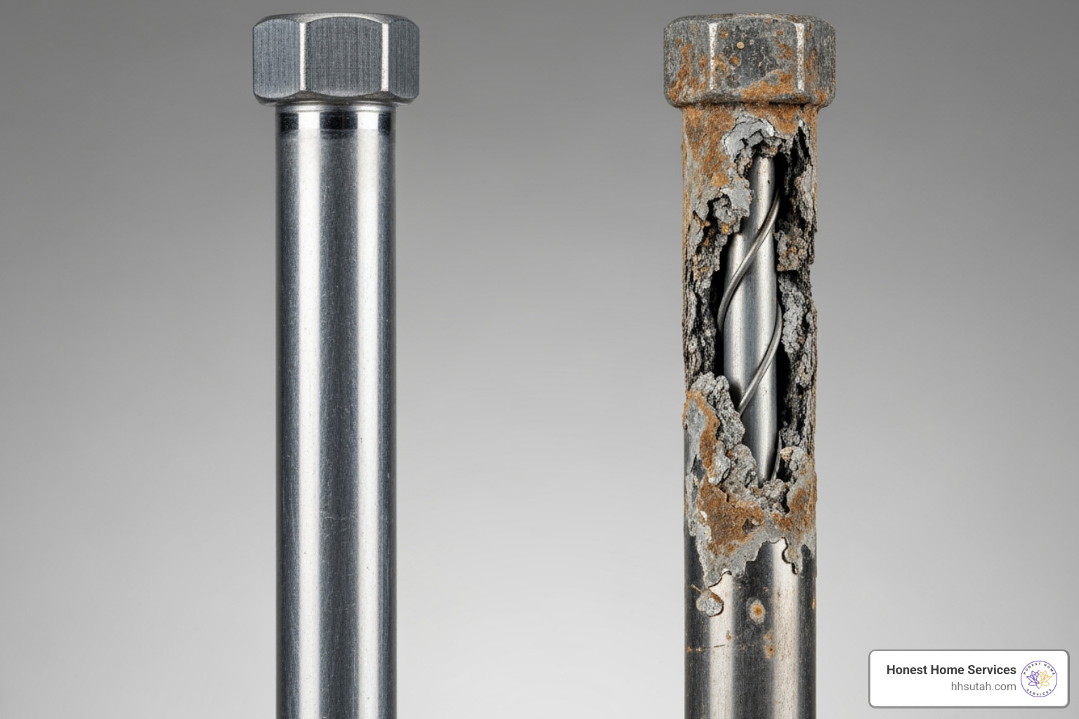 side-by-side comparison of a new anode rod and a completely corroded one - Gas water heater anode side-by-side comparison of a new anode rod and a completely corroded one - Gas water heater anode