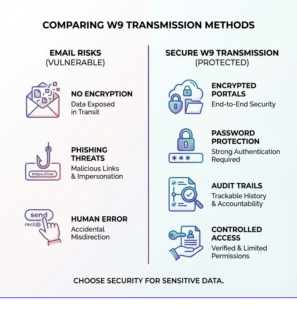 Infographic comparing email risks versus secure W9 transmission methods, showing email vulnerabilities like no encryption, phishing threats, and human error on the left, and secure methods like encrypted portals with password protection, audit trails, and controlled access on the right - secure way to send w9 infographic 