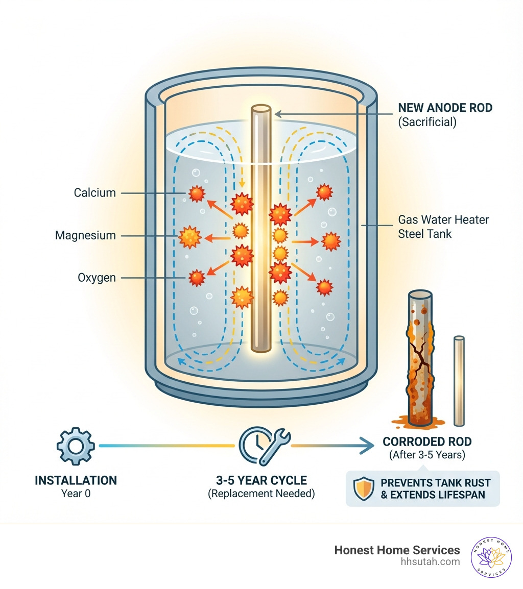 Infographic showing how a gas water heater anode rod works: steel tank in center, anode rod attracts corrosive elements (calcium, magnesium, oxygen) through electrochemical process, preventing tank rust, with timeline showing 3-5 year replacement cycle and comparison of new vs. corroded rod - Gas water heater anode infographic Infographic showing how a gas water heater anode rod works: steel tank in center, anode rod attracts corrosive elements (calcium, magnesium, oxygen) through electrochemical process, preventing tank rust, with timeline showing 3-5 year replacement cycle and comparison of new vs. corroded rod - Gas water heater anode infographic