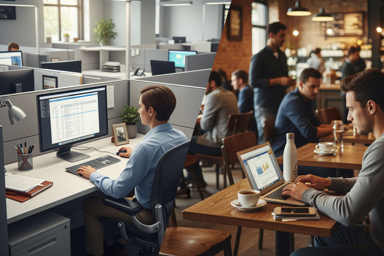 Pantalla dividida que muestra a un empleado de oficina frente a un profesional independiente que trabaja desde una cafetería: definición de 1099 frente a W9