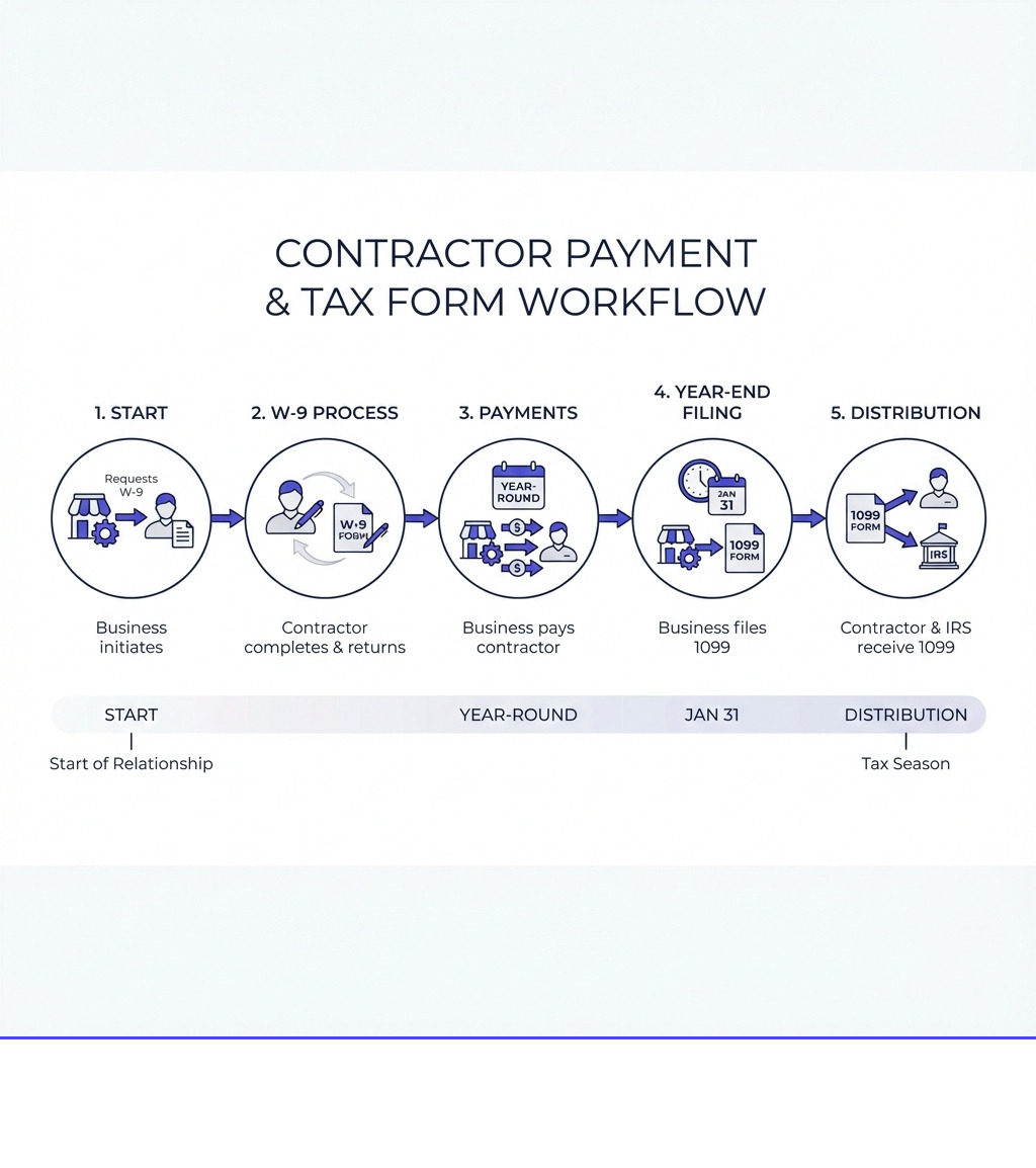 Infografía que muestra el flujo de trabajo de pago del contratista: la empresa solicita el formulario W9 al contratista, el contratista completa y devuelve el formulario W9, la empresa realiza los pagos durante todo el año, la empresa presenta el formulario 1099 antes del 31 de enero, tanto el contratista como el IRS reciben el 1099 - Infografía de definición de 1099 vs. W9 