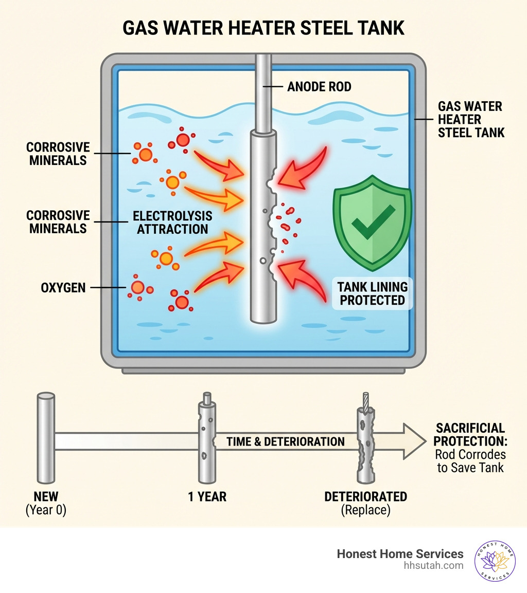 Infographic showing how a sacrificial anode rod works: steel tank in center, anode rod attracting corrosive minerals and oxygen through electrolysis, with arrows showing corrosive elements attacking the rod instead of the tank lining, and timeline showing rod deterioration over 2-5 years while tank remains protected - gas water heater anode rod replacement infographic Infographic showing how a sacrificial anode rod works: steel tank in center, anode rod attracting corrosive minerals and oxygen through electrolysis, with arrows showing corrosive elements attacking the rod instead of the tank lining, and timeline showing rod deterioration over 2-5 years while tank remains protected - gas water heater anode rod replacement infographic