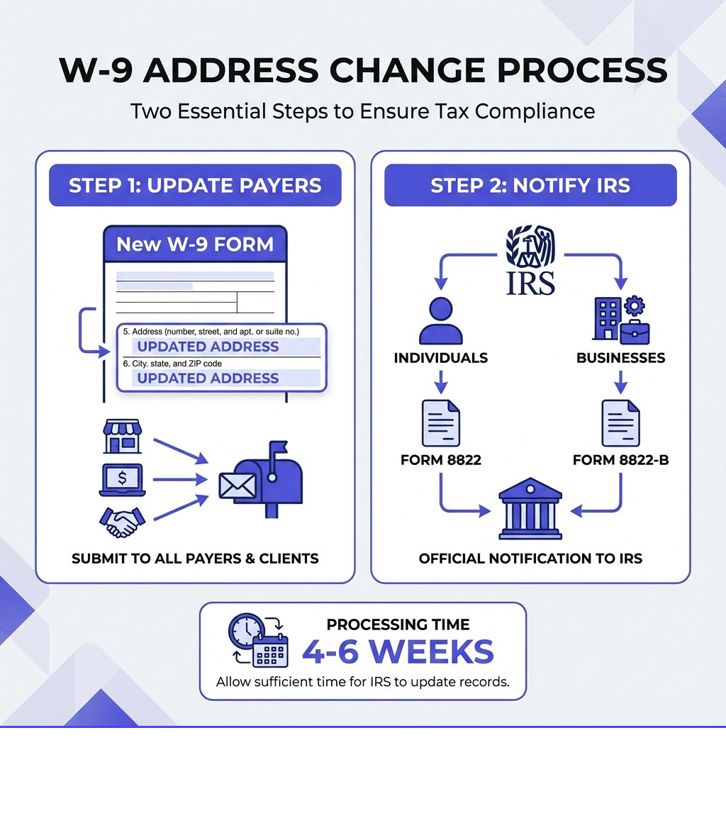 Infografía que muestra dos pasos: Paso 1: Envíe el nuevo formulario W-9 a todos los contribuyentes con la dirección actualizada en las líneas 5 y 6. Paso 2: Notifique al IRS mediante el Formulario 8822 para particulares o el Formulario 8822-B para empresas. El tiempo de procesamiento es de 4 a 6 semanas. - Infografía de cambio de dirección del formulario W-9 