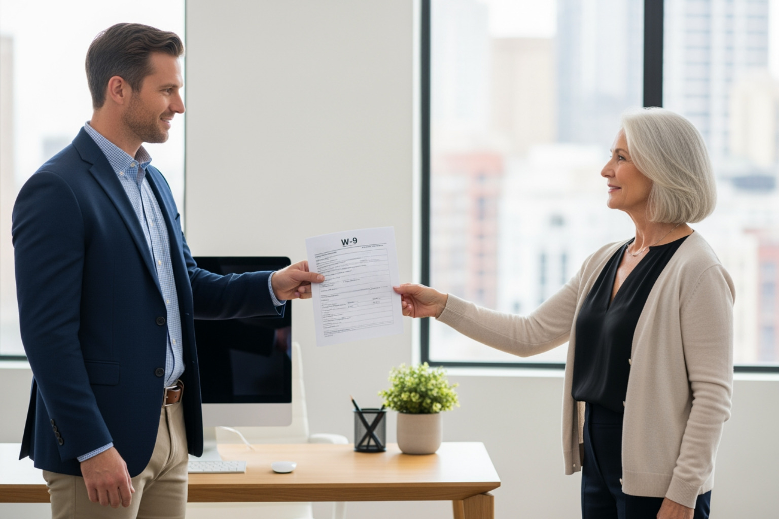 Un administrador de propiedades entrega un formulario W-9 a un propietario: W-9 para ingresos por alquiler