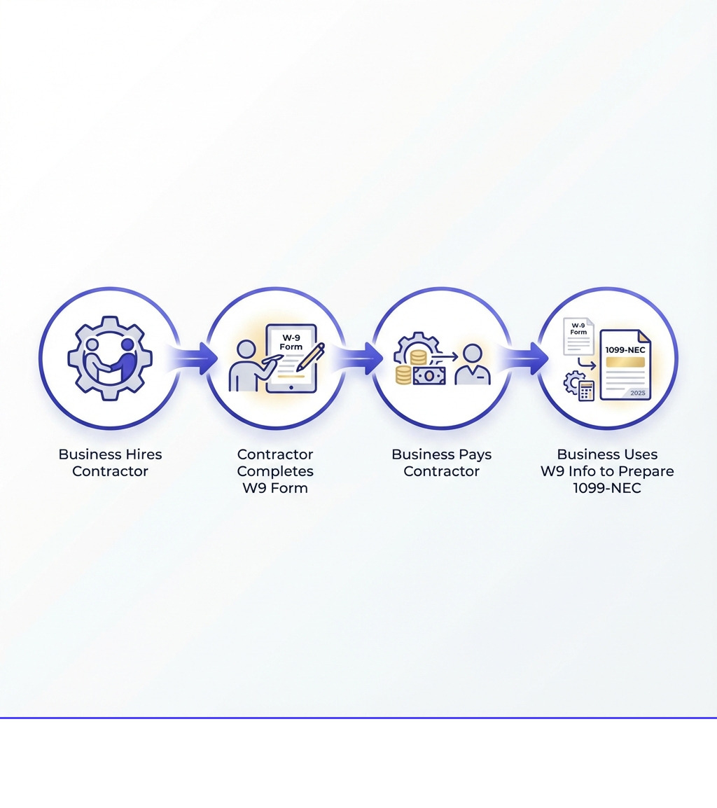 Infografía que muestra el flujo de trabajo del contrato de trabajo: La empresa contrata a un contratista El contratista completa el formulario W9 La empresa paga al contratista La empresa usa la información del W9 para preparar el 1099-NEC. - infografía del formulario del IRS sobre trabajo por contrato 