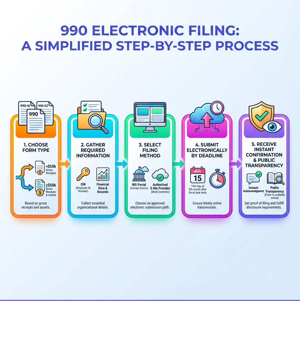 infographic showing step-by-step 990 electronic filing process: choose your form type based on gross receipts and assets, gather required information including EIN and financial data, select filing method either IRS portal or authorized e-file provider, submit electronically by deadline, receive instant confirmation and public transparency - 990 electronic filing infographic infographic showing step-by-step 990 electronic filing process: choose your form type based on gross receipts and assets, gather required information including EIN and financial data, select filing method either IRS portal or authorized e-file provider, submit electronically by deadline, receive instant confirmation and public transparency - 990 electronic filing infographic