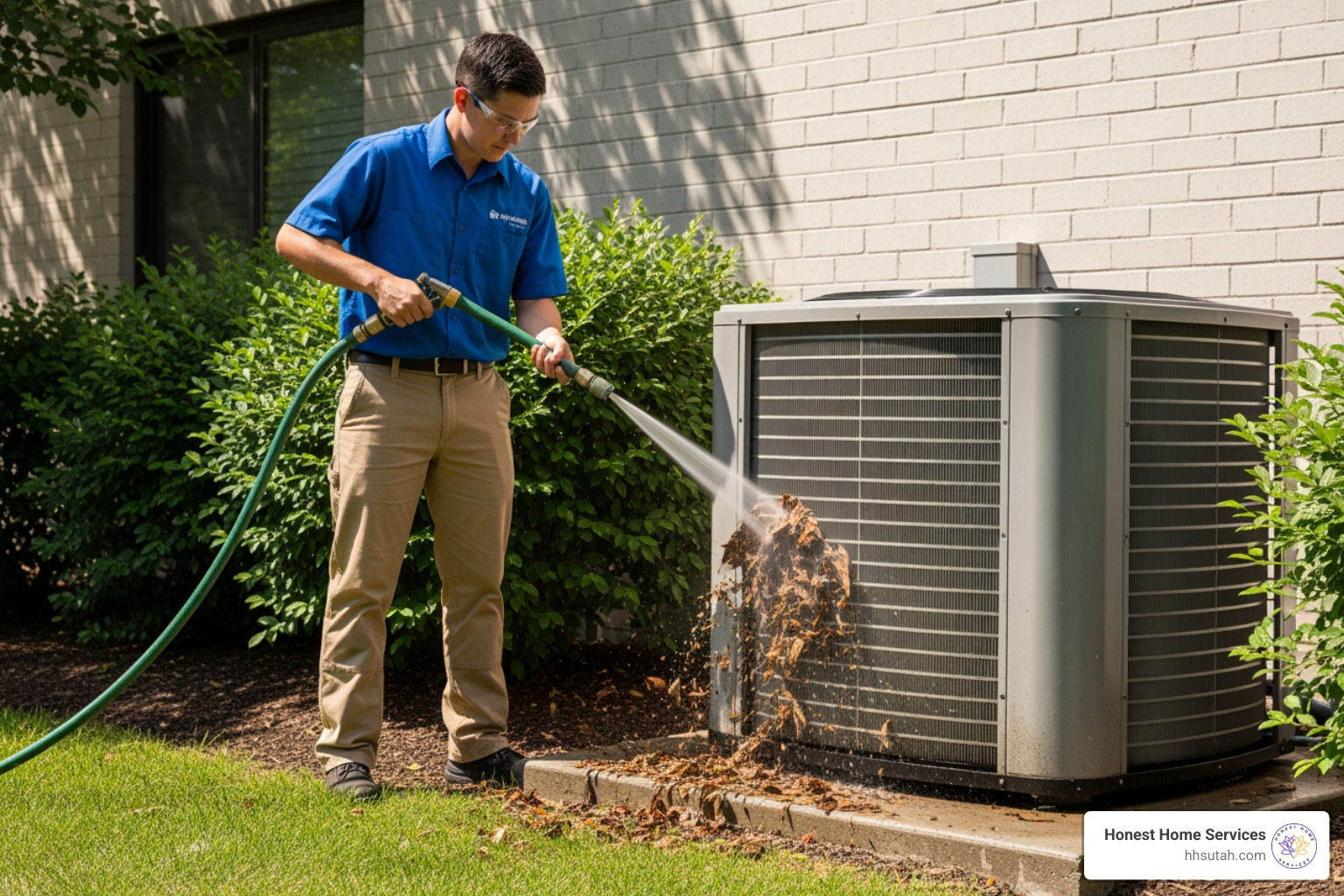 Technician cleaning an outdoor condenser unit's coils with a hose - AC maintenance plan Technician cleaning an outdoor condenser unit's coils with a hose - AC maintenance plan