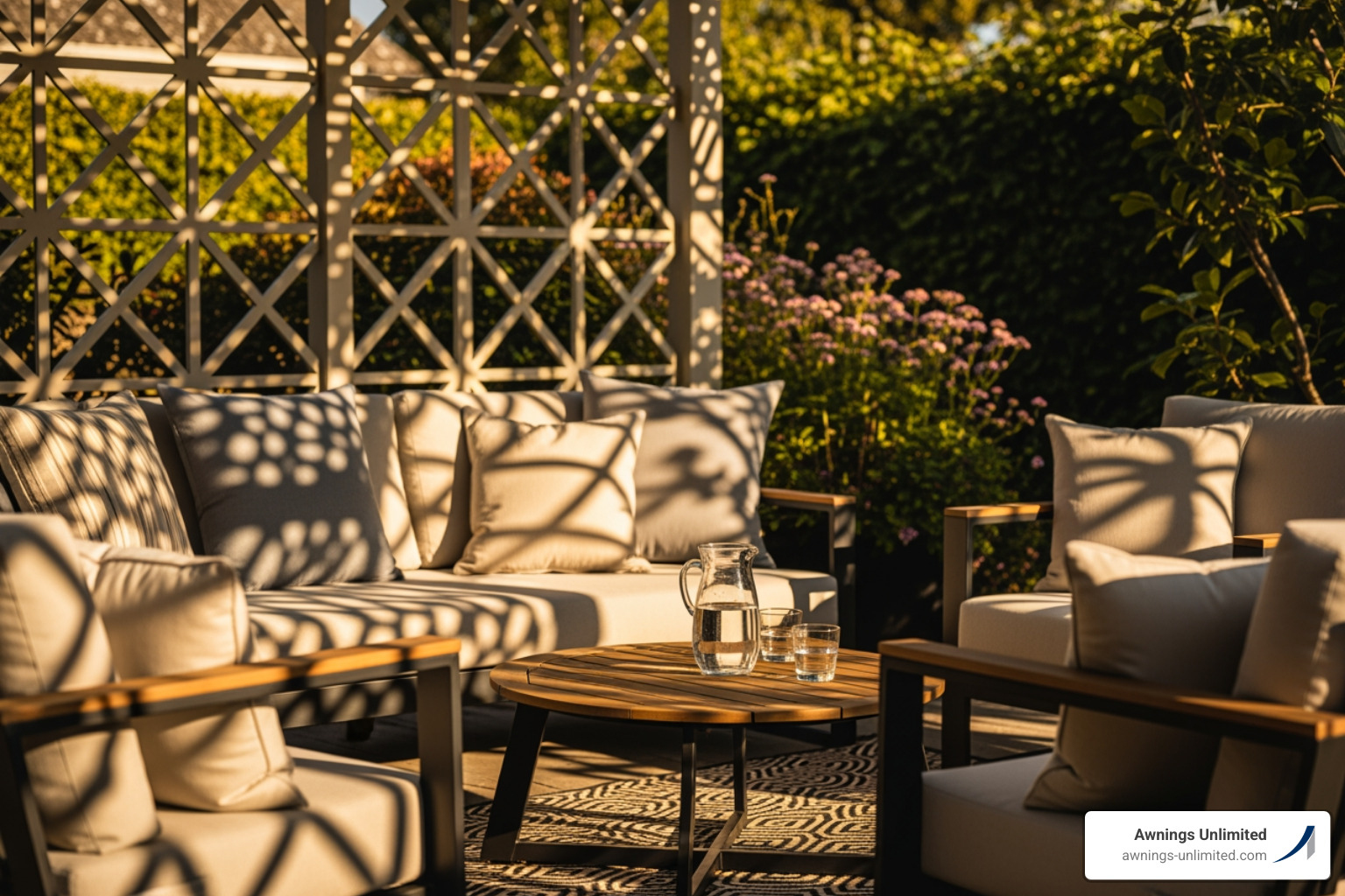 Dappled sunlight filtering through a lattice awning onto a comfortable seating area - lattice awnings Dappled sunlight filtering through a lattice awning onto a comfortable seating area - lattice awnings
