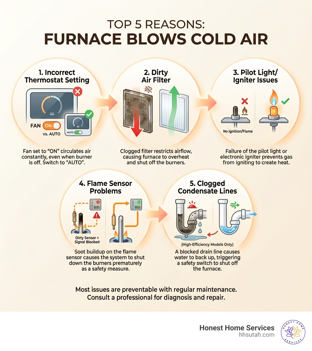 infographic showing the top 5 reasons a furnace blows cold air with icons for thermostat settings, dirty filter, pilot light issues, flame sensor problems, and clogged condensate lines - furnace blowing cold air infographic infographic showing the top 5 reasons a furnace blows cold air with icons for thermostat settings, dirty filter, pilot light issues, flame sensor problems, and clogged condensate lines - furnace blowing cold air infographic