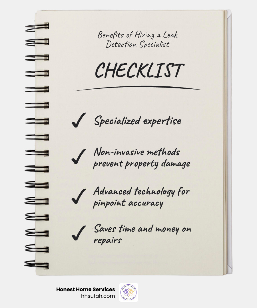 Infographic highlighting the benefits of hiring a leak detection specialist: Specialized expertise; Non-invasive methods prevent property damage; Advanced technology for pinpoint accuracy; Saves time and money on repairs - leak detection company infographic checklist-notebook Infographic highlighting the benefits of hiring a leak detection specialist: Specialized expertise; Non-invasive methods prevent property damage; Advanced technology for pinpoint accuracy; Saves time and money on repairs - leak detection company infographic checklist-notebook
