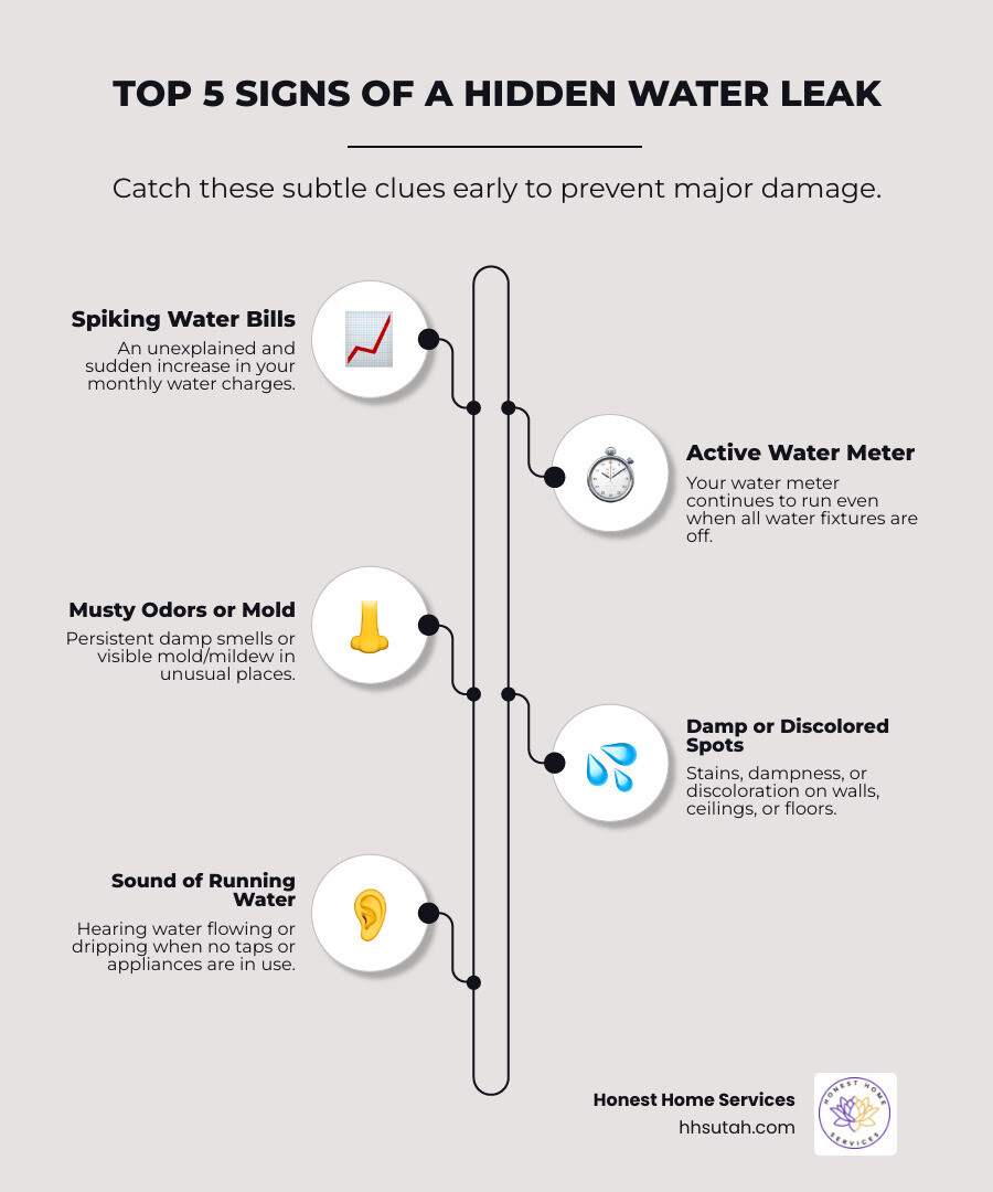 Infographic showing the top 5 signs of a hidden water leak: unexplained water bill spikes, water meter running when all fixtures are off, musty odors or visible mold, damp or discolored spots on surfaces, and the sound of running water when everything is quiet - leak detection company infographic infographic-line-5-steps-elegant_beige Infographic showing the top 5 signs of a hidden water leak: unexplained water bill spikes, water meter running when all fixtures are off, musty odors or visible mold, damp or discolored spots on surfaces, and the sound of running water when everything is quiet - leak detection company infographic infographic-line-5-steps-elegant_beige