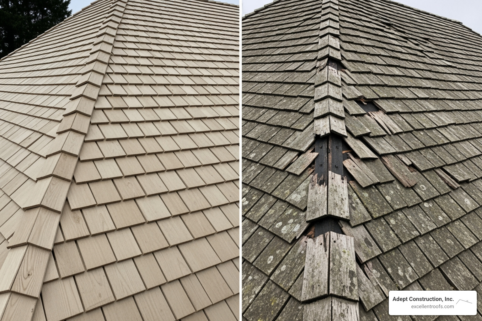 Comparing a small repair area on a roof to a large, deteriorated roof section, illustrating the difference between localized damage and widespread failure. - cedar shingle repair