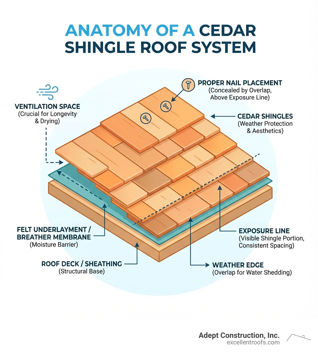 Infographic showing the anatomy of a cedar shingle roof system with labeled layers including roof deck/sheathing at the bottom, felt underlayment in the middle, and overlapping cedar shingles on top, with annotations showing proper nail placement, exposure lines, and the importance of ventilation space beneath - cedar shingle repair infographic 