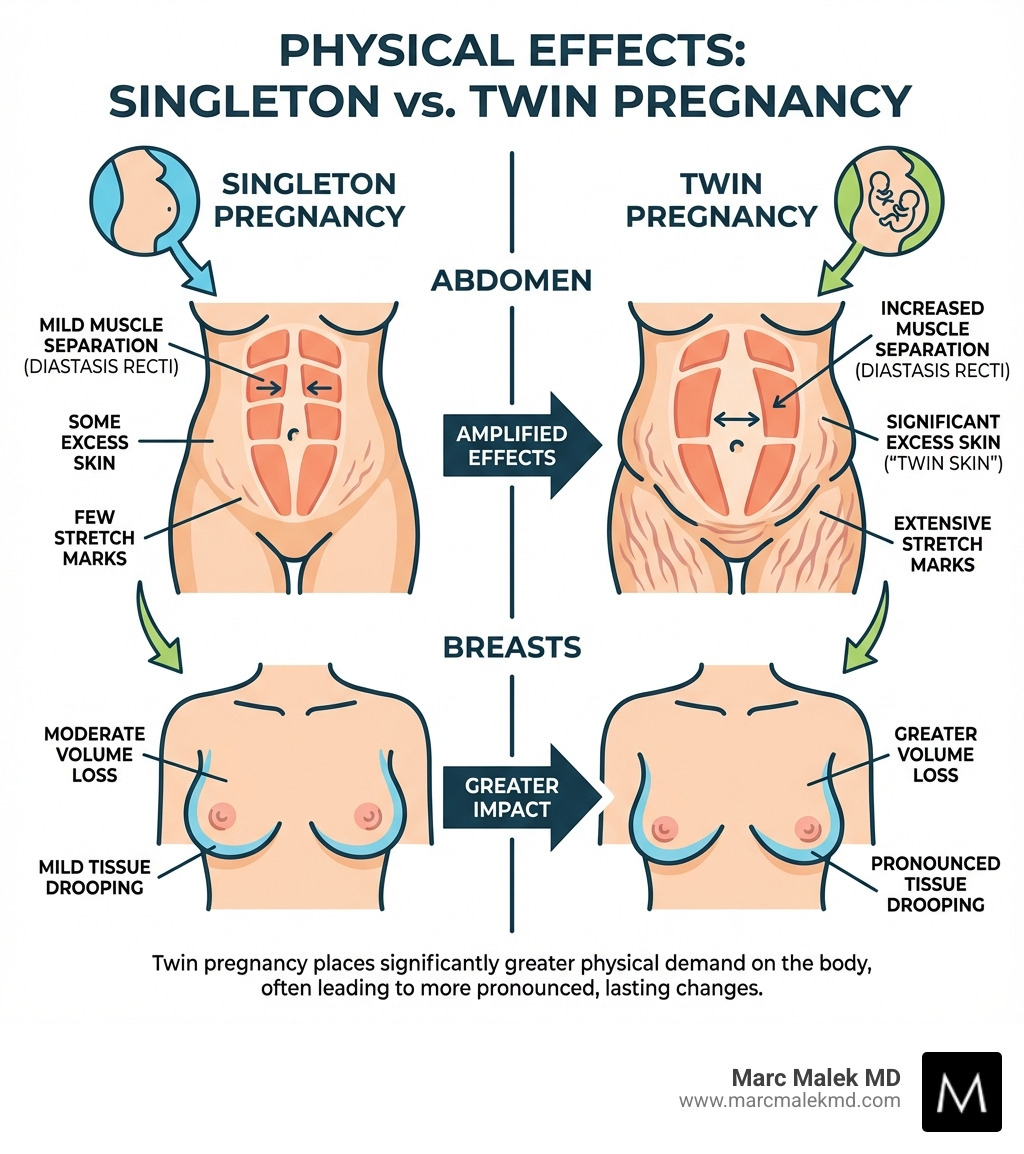 infographic comparing the physical effects of twin pregnancy versus singleton pregnancy on the abdomen showing increased muscle separation diastasis recti excess skin stretch marks and on the breasts showing greater volume loss and tissue drooping - mommy makeover after twins infographic infographic comparing the physical effects of twin pregnancy versus singleton pregnancy on the abdomen showing increased muscle separation diastasis recti excess skin stretch marks and on the breasts showing greater volume loss and tissue drooping - mommy makeover after twins infographic