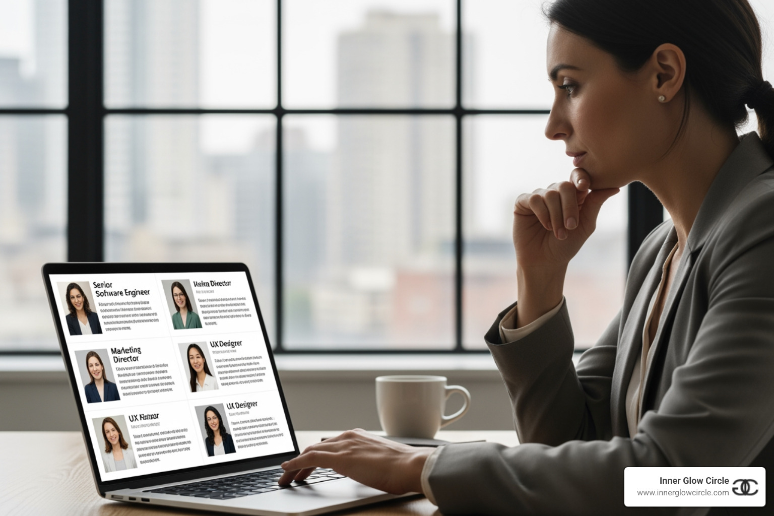 woman thoughtfully browsing a laptop screen showing mentor profiles - female business mentor woman thoughtfully browsing a laptop screen showing mentor profiles - female business mentor