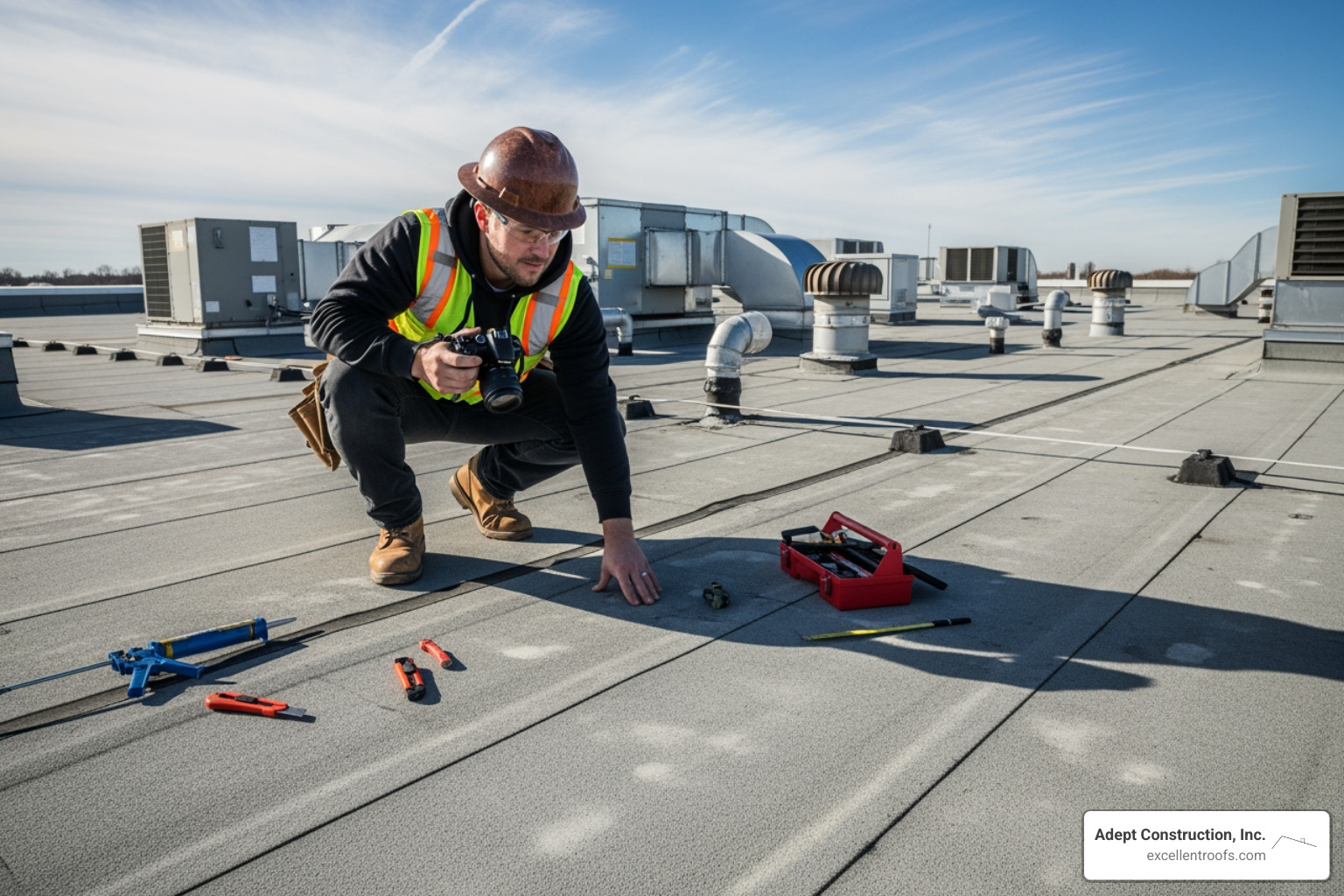professional roofer conducting an inspection on a commercial roof - commercial roofing service naperville il
