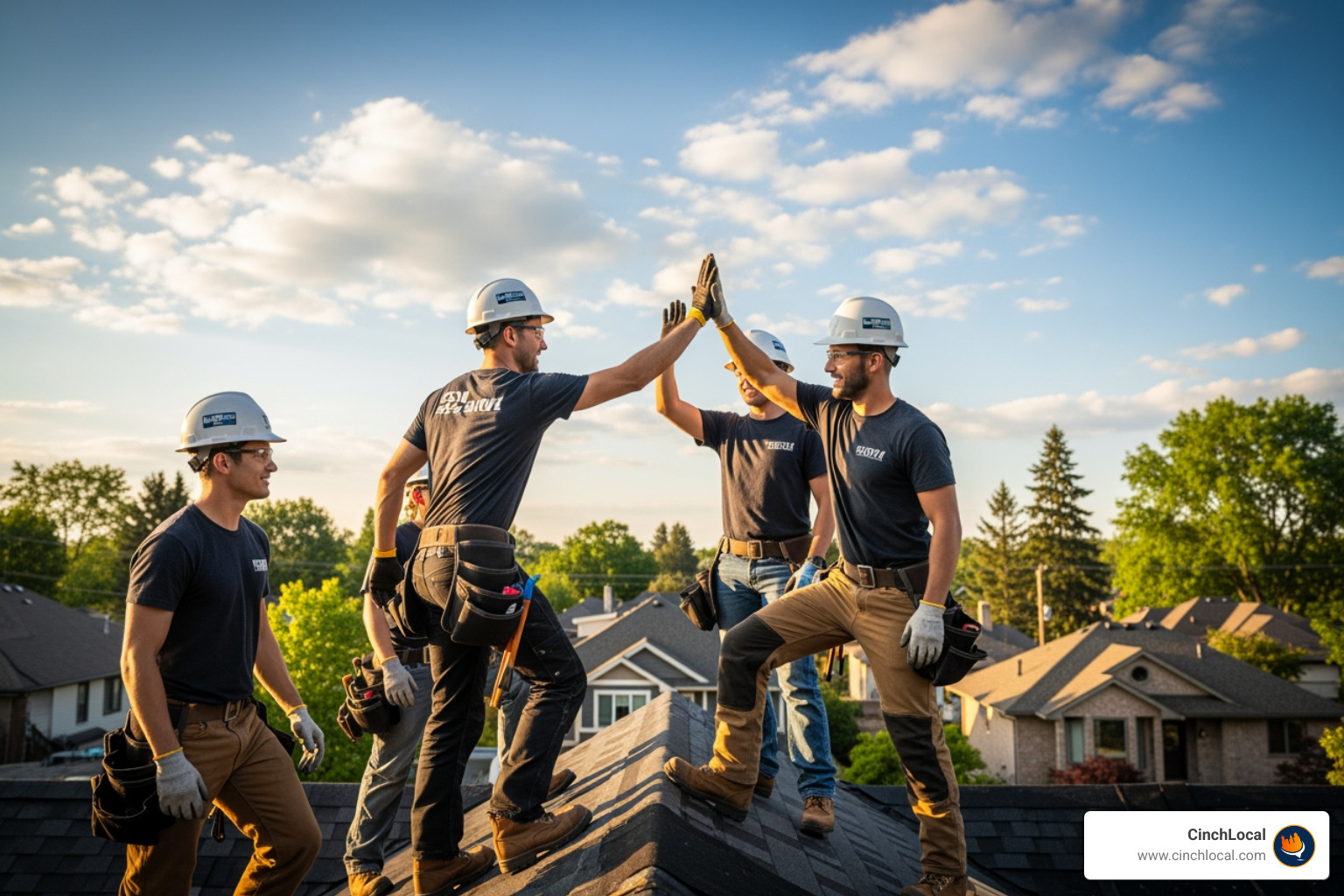roofing team on a roof high-fiving - Google Maps SEO