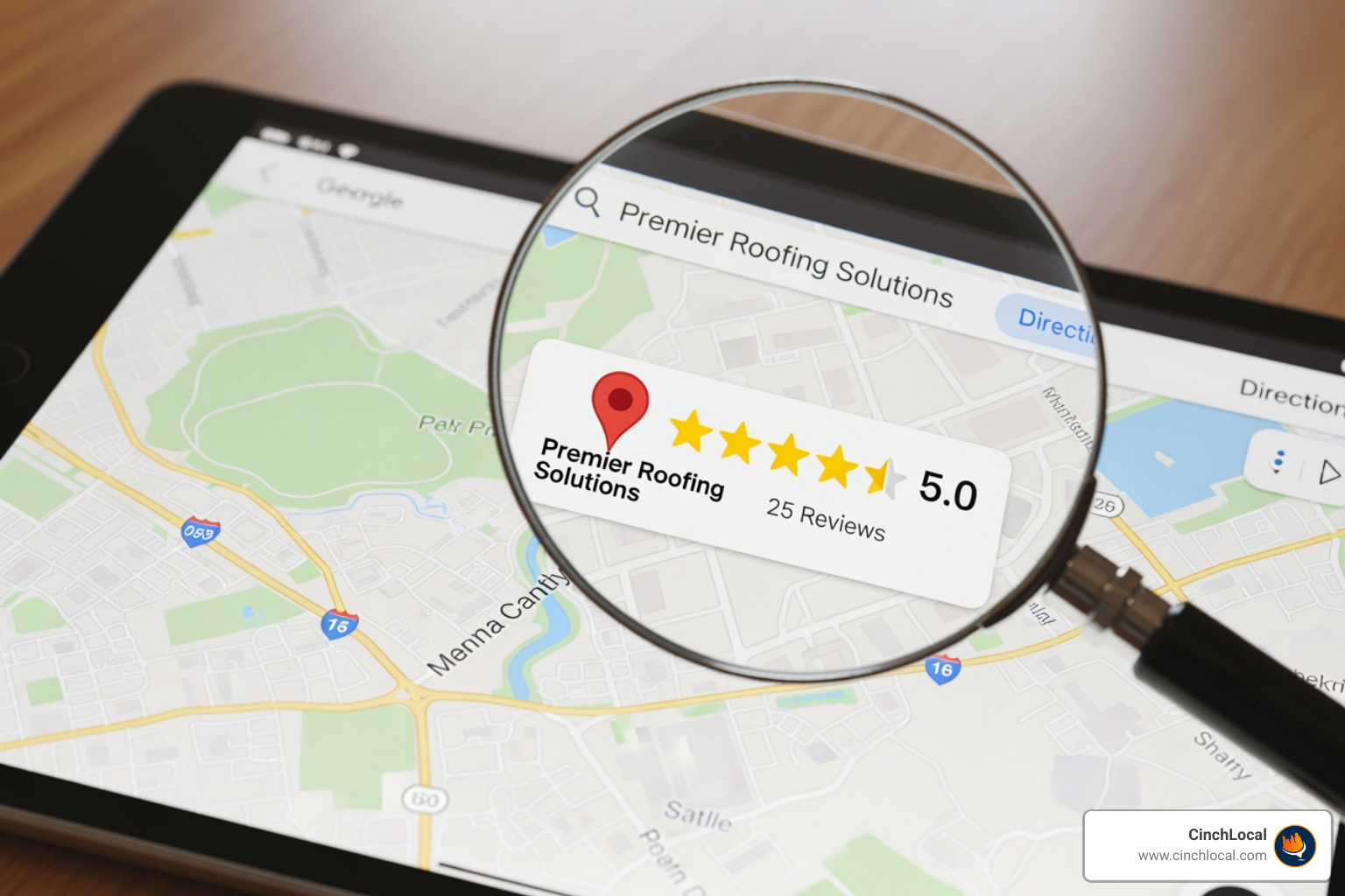 magnifying glass over a map, highlighting a roofing business with a 5-star rating - Google Maps SEO