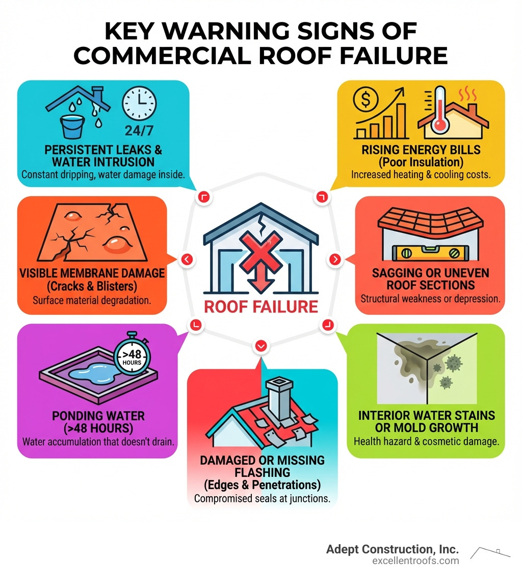 Infographic showing the key warning signs that indicate commercial roof failure, including persistent leaks, visible membrane damage such as cracks and blisters, ponding water that remains for more than 48 hours, rising energy bills indicating poor insulation, sagging or uneven roof sections, interior water stains or mold growth, and damaged or missing flashing around roof penetrations and edges - commercial roofing service naperville il infographic 