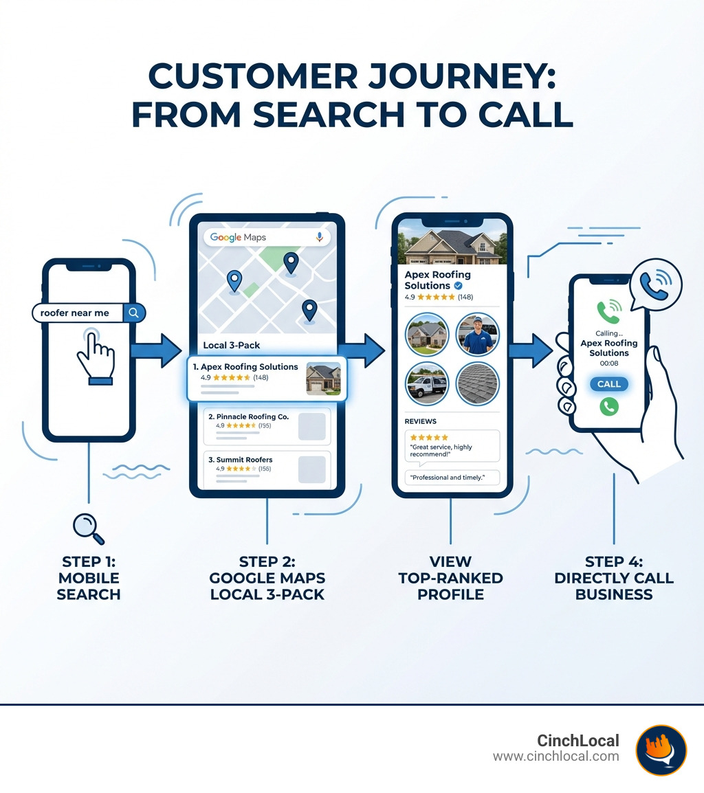 infographic showing the customer journey from searching roofer near me on mobile phone to viewing the google maps local 3-pack with three roofing businesses to clicking on the top-ranked business profile with photos and reviews to calling the business directly from the maps listing - Google Maps SEO infographic 