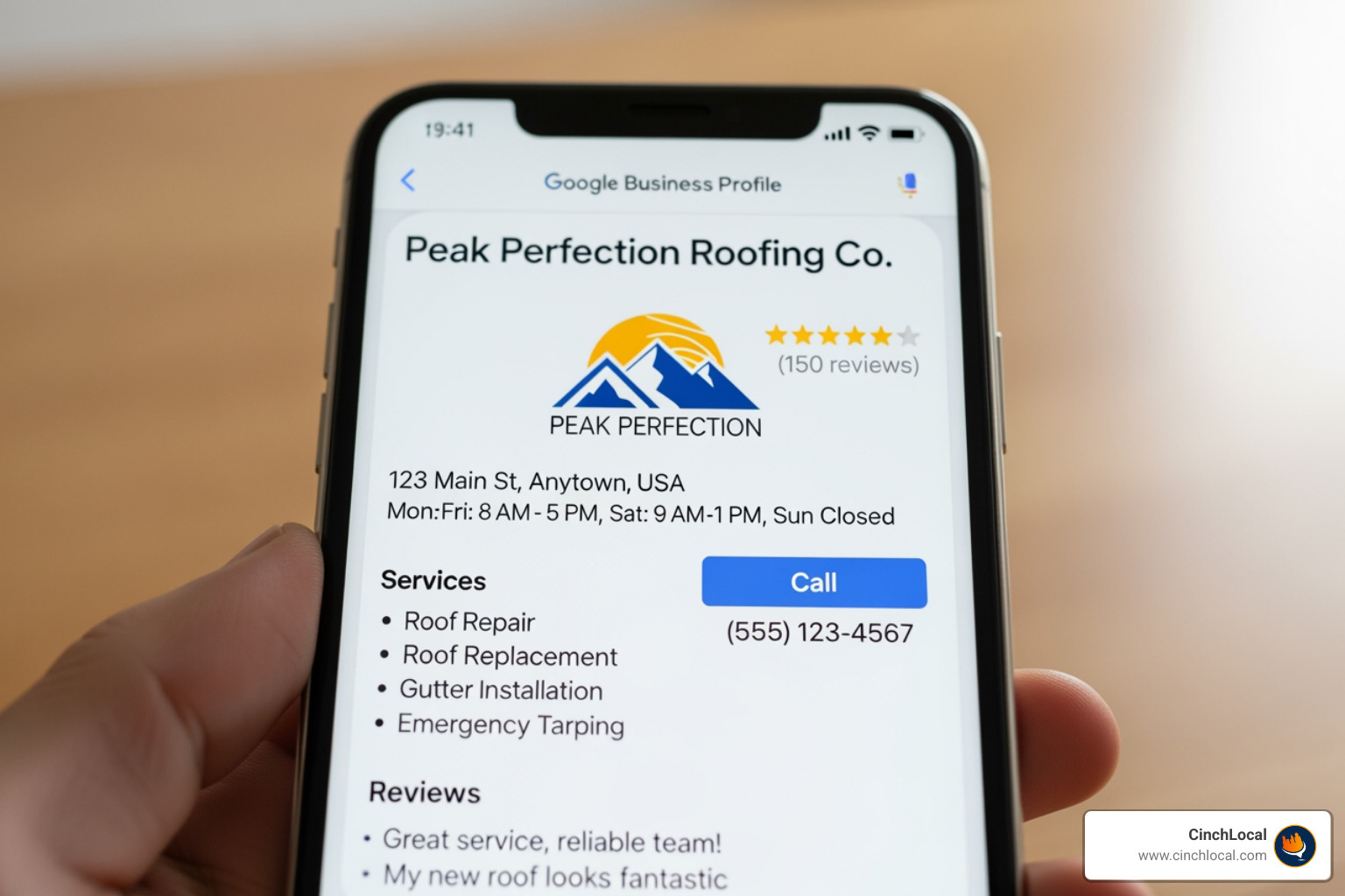 a perfectly optimized Google Business Profile for a roofing company on a smartphone screen - Google Maps SEO