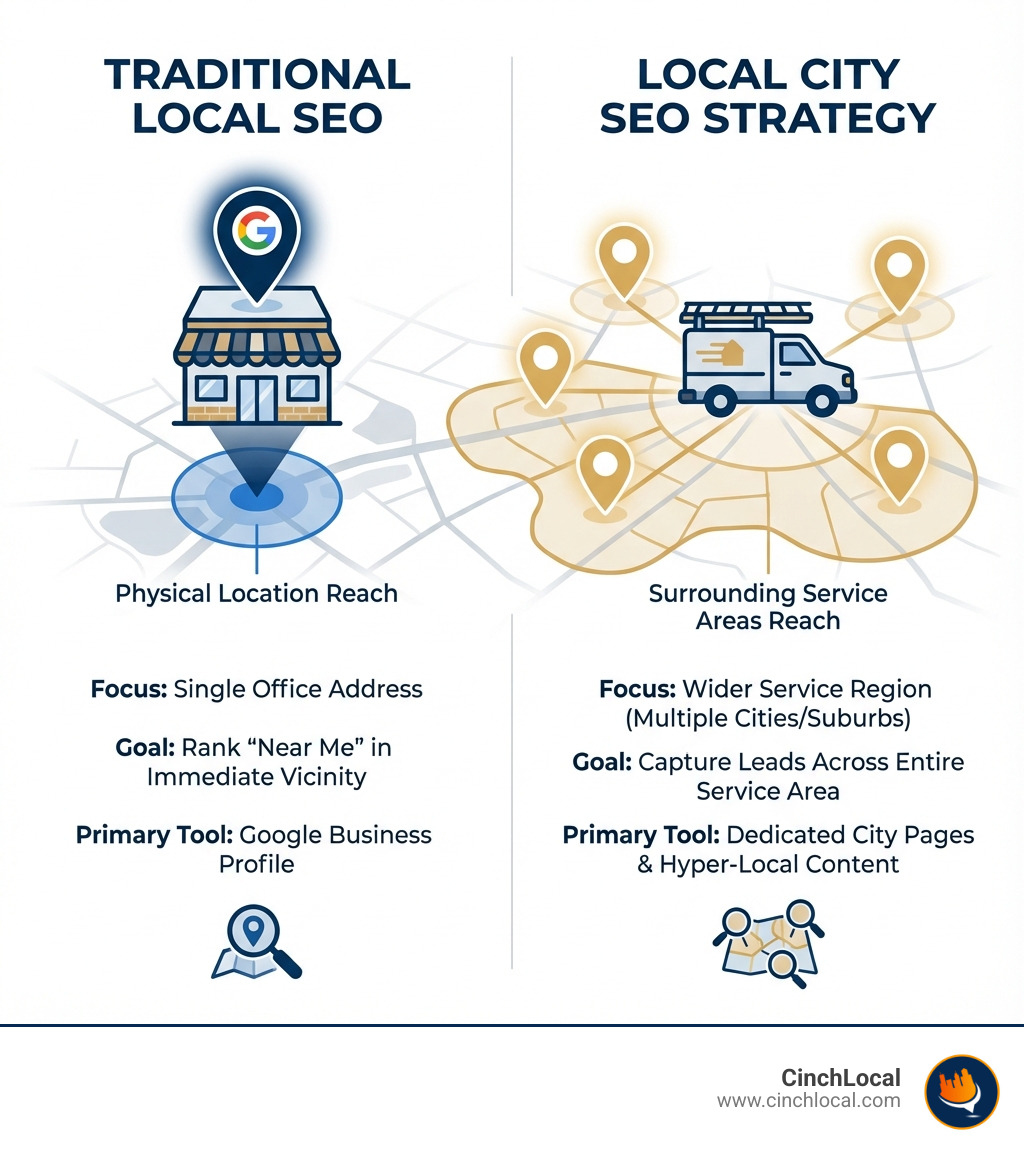 Infographic explaining the difference between traditional local SEO (ranking in your physical location) and local city SEO strategy (ranking in surrounding service areas) - local city seo infographic 