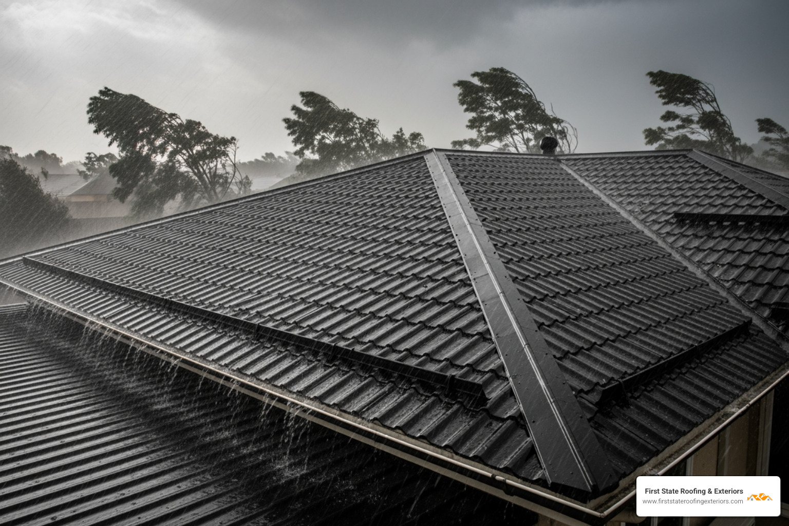 Image of a metal roof withstanding a storm, illustrating durability - metal roof replacement dover de