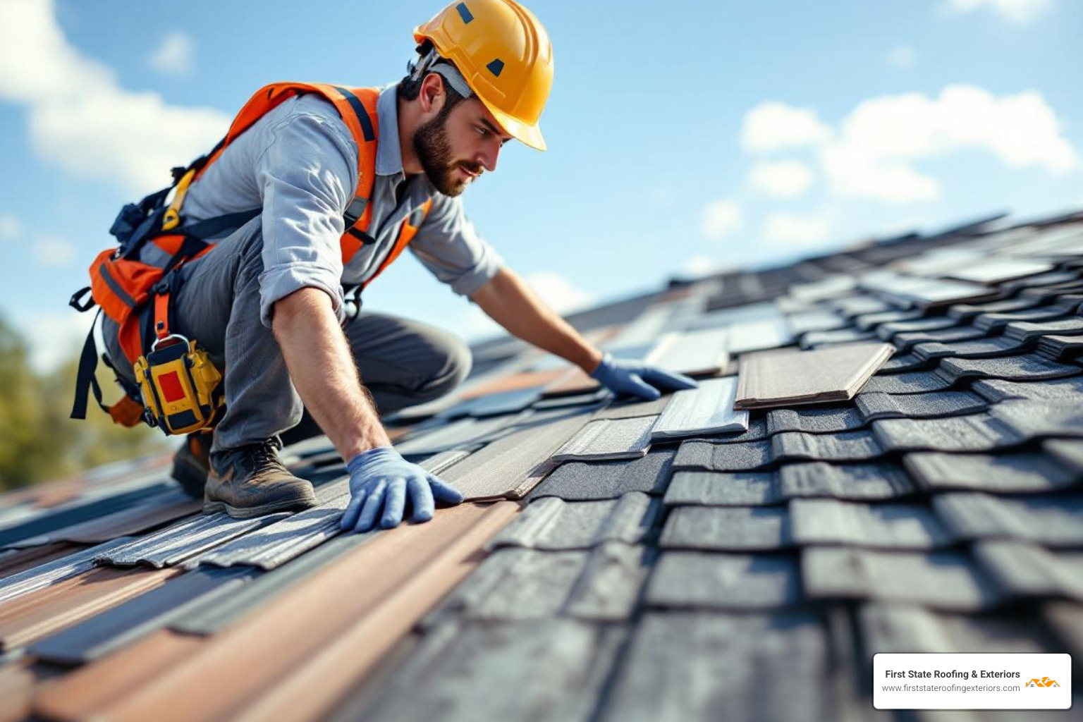 Different roofing materials like metal panels and architectural shingles, with a roofer wearing a safety harness inspecting them - roofing dover base housing