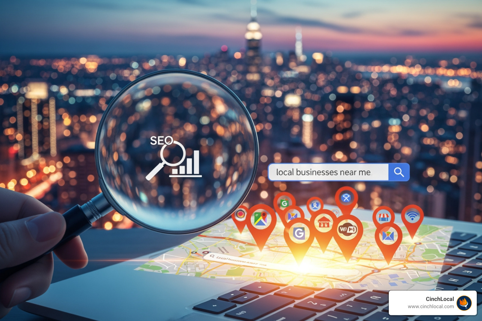 A graphic illustrating common SEO mistakes like keyword stuffing (overly repetitive text) and thin content (very little text on a page) - local city seo
