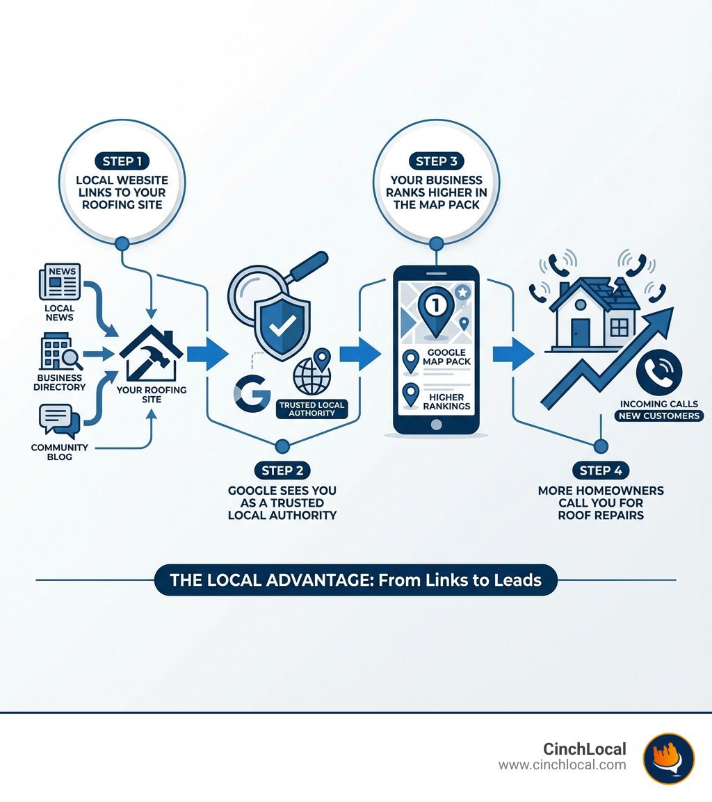 Infographic showing how local backlinks work for roofing contractors: Step 1 - Local website links to your roofing site, Step 2 - Google sees you as a trusted local authority, Step 3 - Your business ranks higher in the Map Pack, Step 4 - More homeowners call you for roof repairs - local pages backlinks infographic 