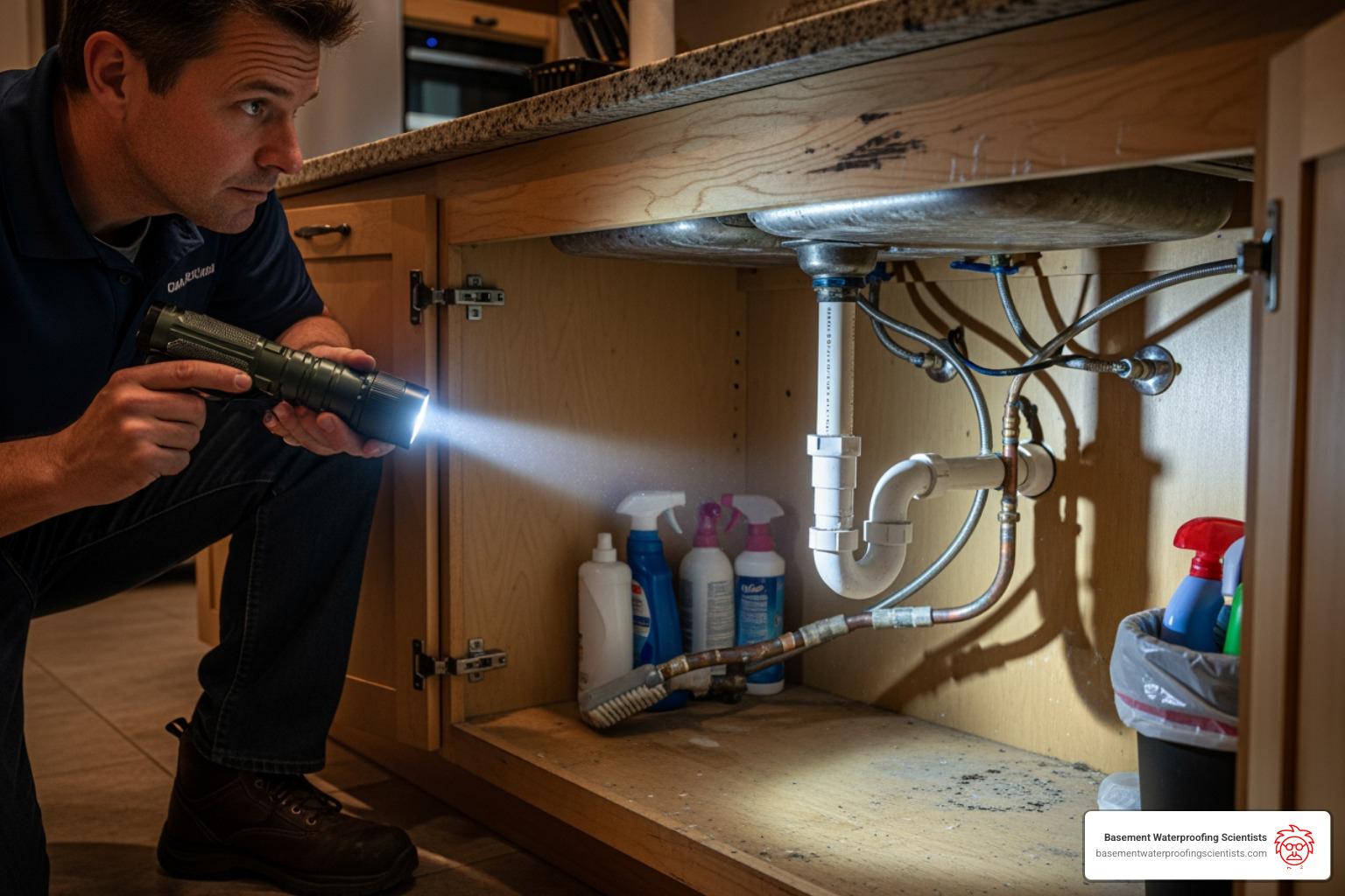 professional using a flashlight to inspect under a sink - eco mold testing