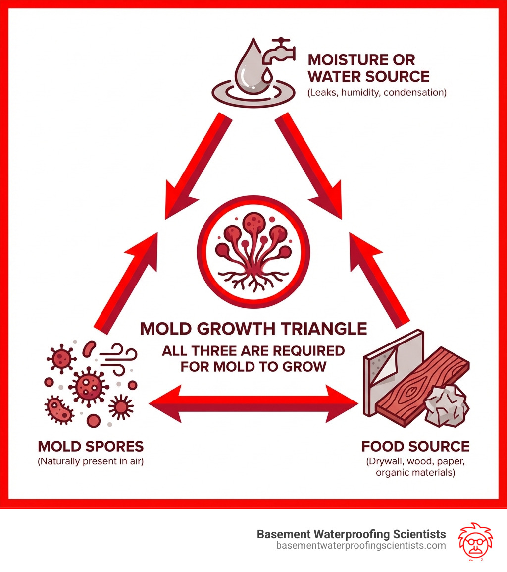 Infographic showing the mold growth triangle with three connected elements: moisture or water source at the top, mold spores (naturally present in air) on the bottom left, and food source such as drywall wood or paper on the bottom right, with arrows indicating all three are required for mold to grow - eco mold testing infographic 