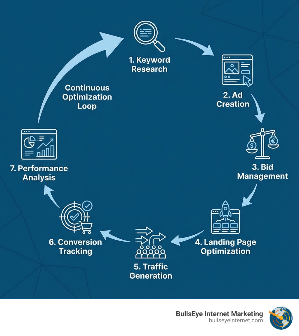 Infographic showing the PPC campaign flow: Keyword Research leads to Ad Creation, which connects to Bid Management, then Landing Page Optimization, followed by Traffic Generation, then Conversion Tracking, and finally Performance Analysis with arrows showing continuous optimization loop back to keyword research - delray beach ppc agency infographic PPC advertising strategy flowchart illustrating key steps: keyword research, ad creation, bid management, landing page optimization, traffic generation, conversion tracking, and performance analysis, branded with BullsEye Internet Marketing logo.