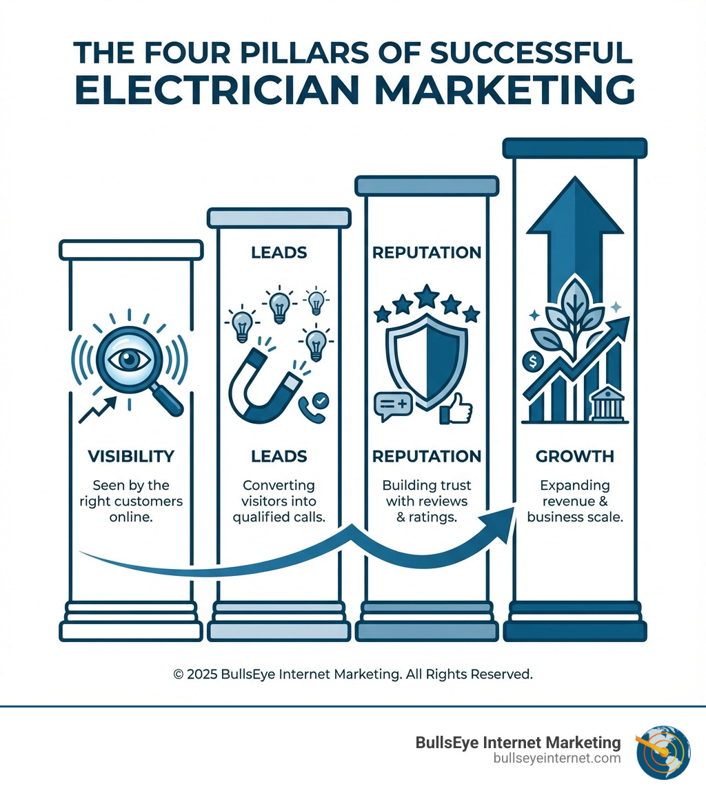 Four pillars of successful electrician marketing: visibility, leads, reputation, and growth, illustrated with icons representing online presence, lead conversion, trust building, and revenue expansion.