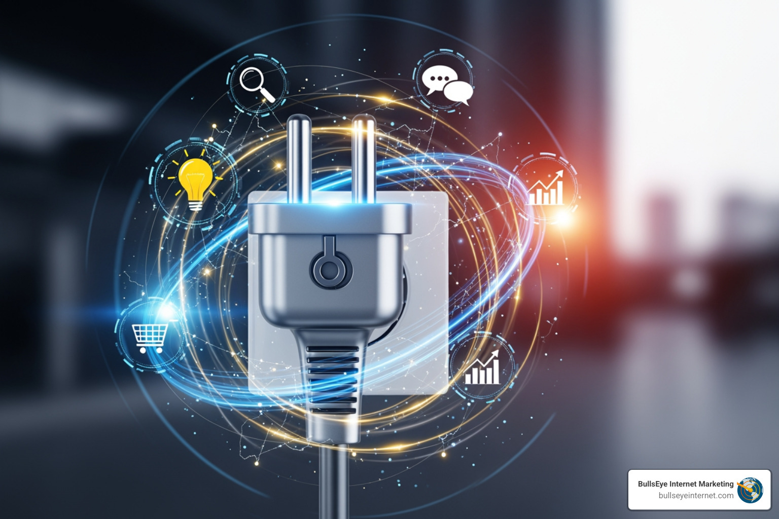 Electric plug with glowing digital elements representing online marketing, SEO, and growth strategies for electricians, featuring icons like lightbulb, shopping cart, and chat bubbles.