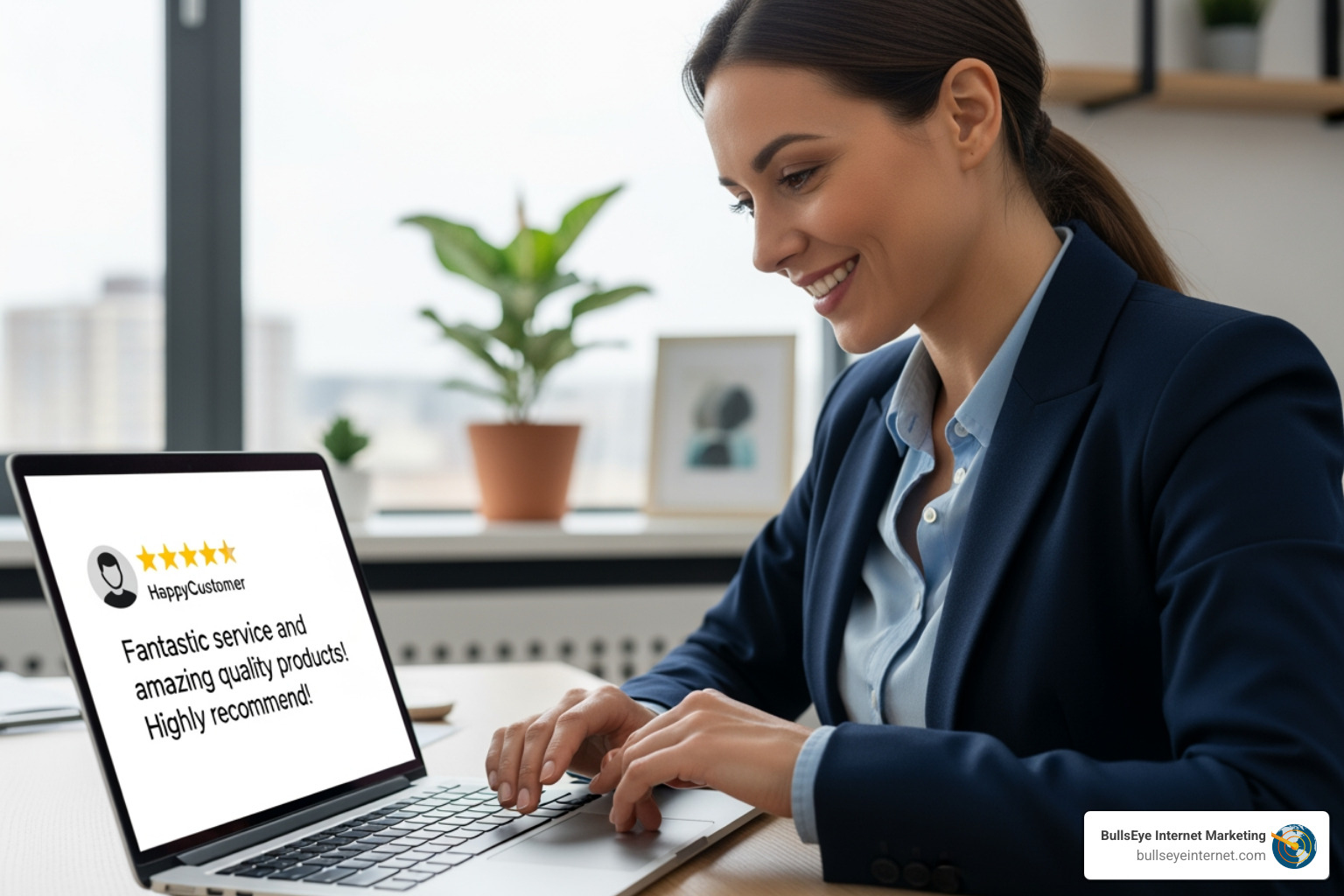Business owner positively responding to an online review - Get more local customers Business owner positively responding to an online review - Get more local customers